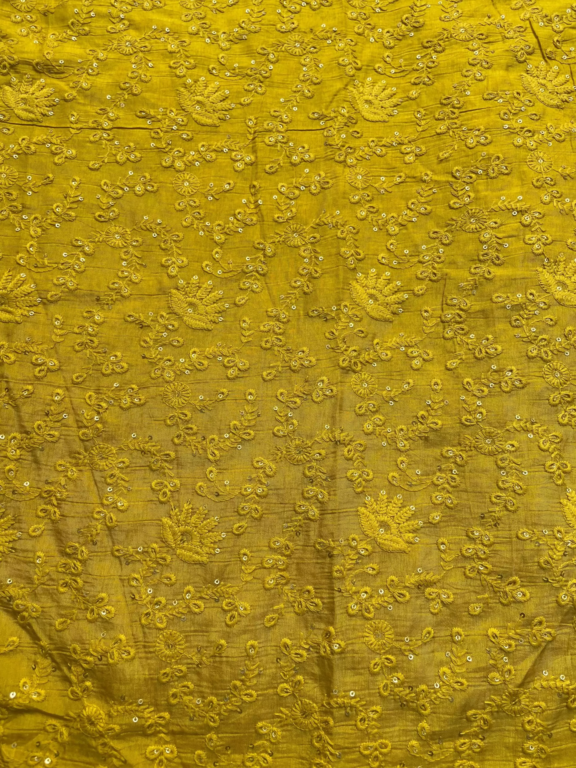 Yellow tone on tone chikankari embroidered Pure mysore silk fabric