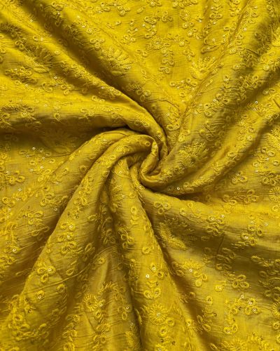 Yellow tone on tone chikankari embroidered Pure mysore silk fabric