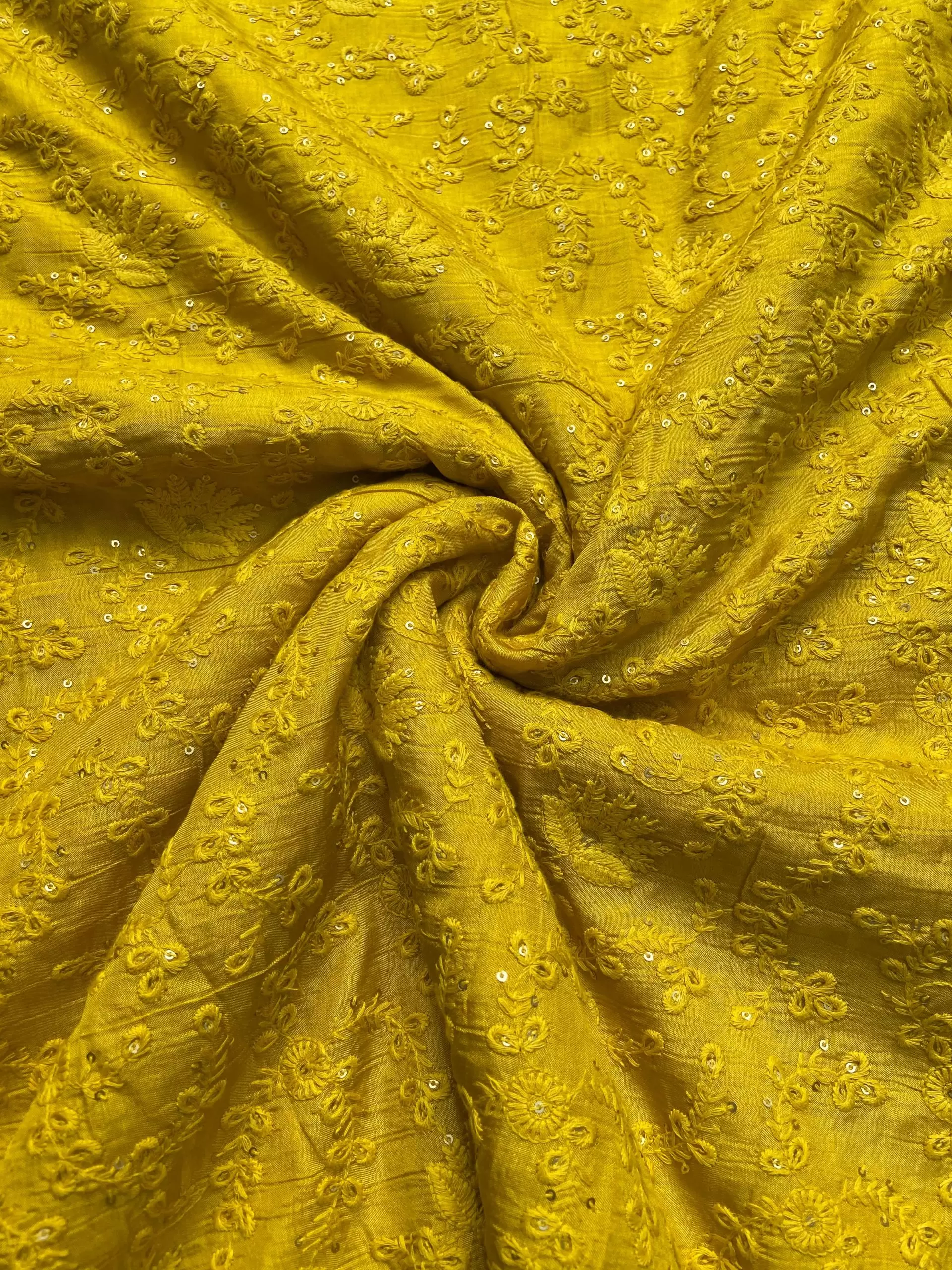 Yellow tone on tone chikankari embroidered Pure mysore silk fabric