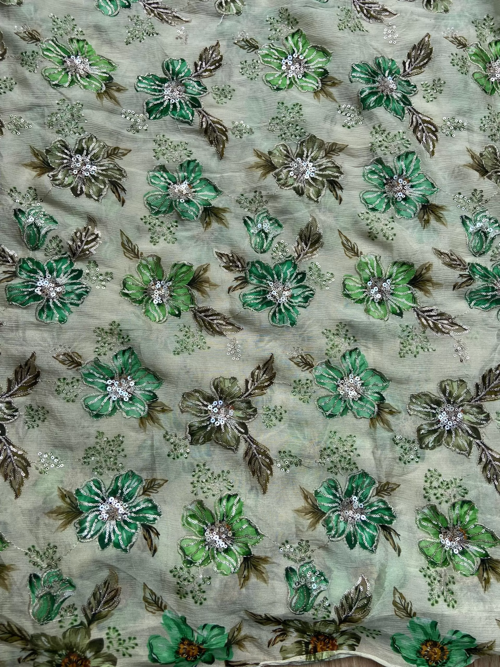 Green floral Position Printed beige Chinon Fabric
