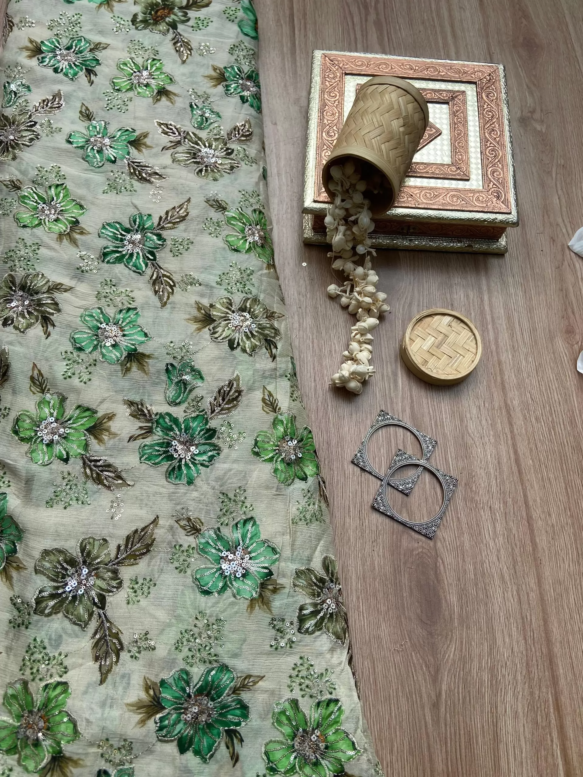 Green floral Position Printed beige Chinon Fabric