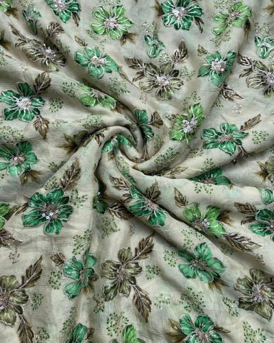 Green floral Position Printed beige Chinon Fabric