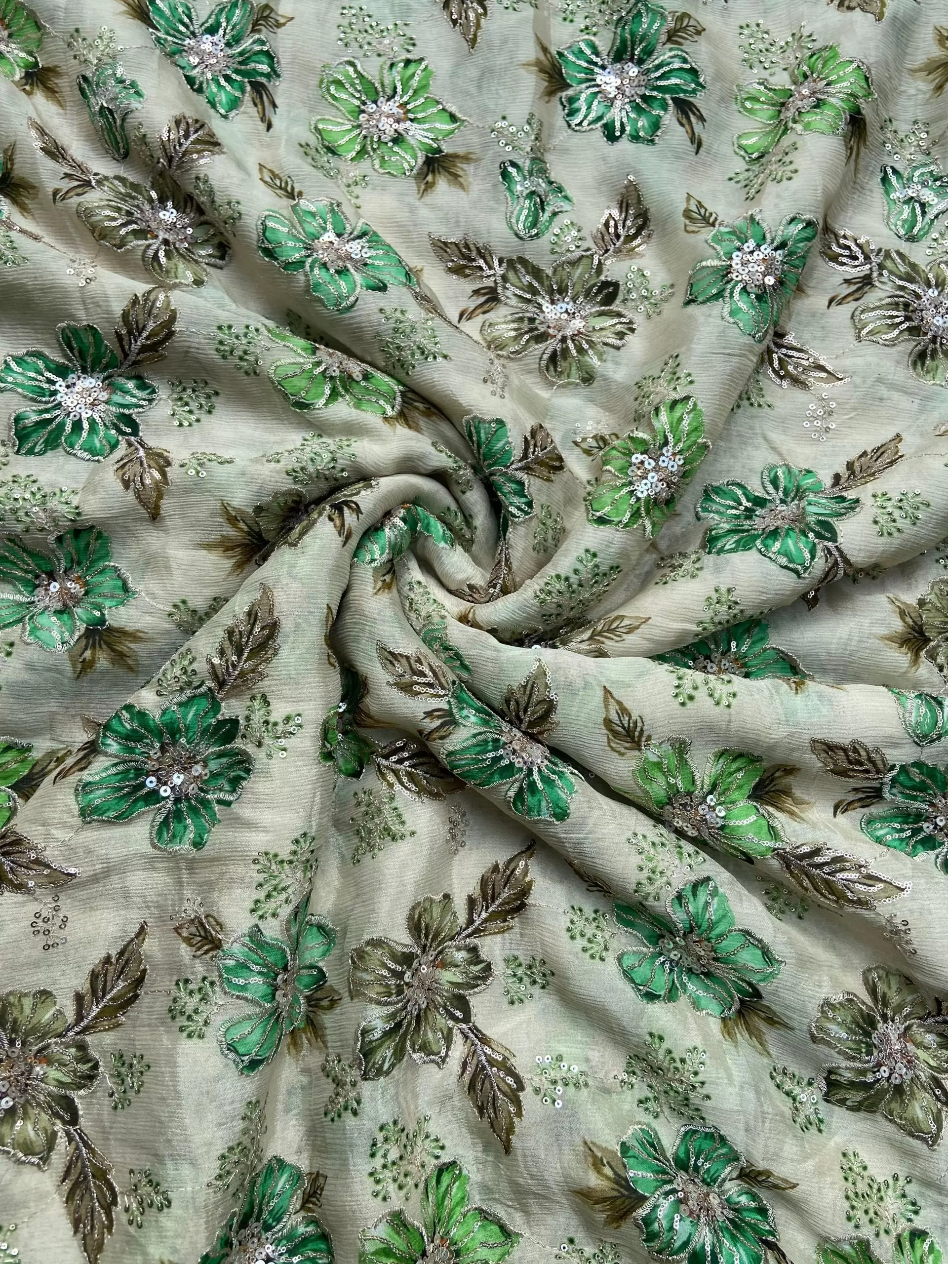 Green floral Position Printed beige Chinon Fabric