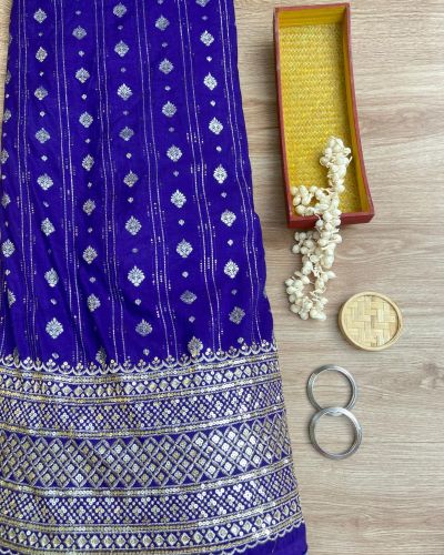 Royal Blue Dola silk Banarasi Fabric with heavy embroidered border