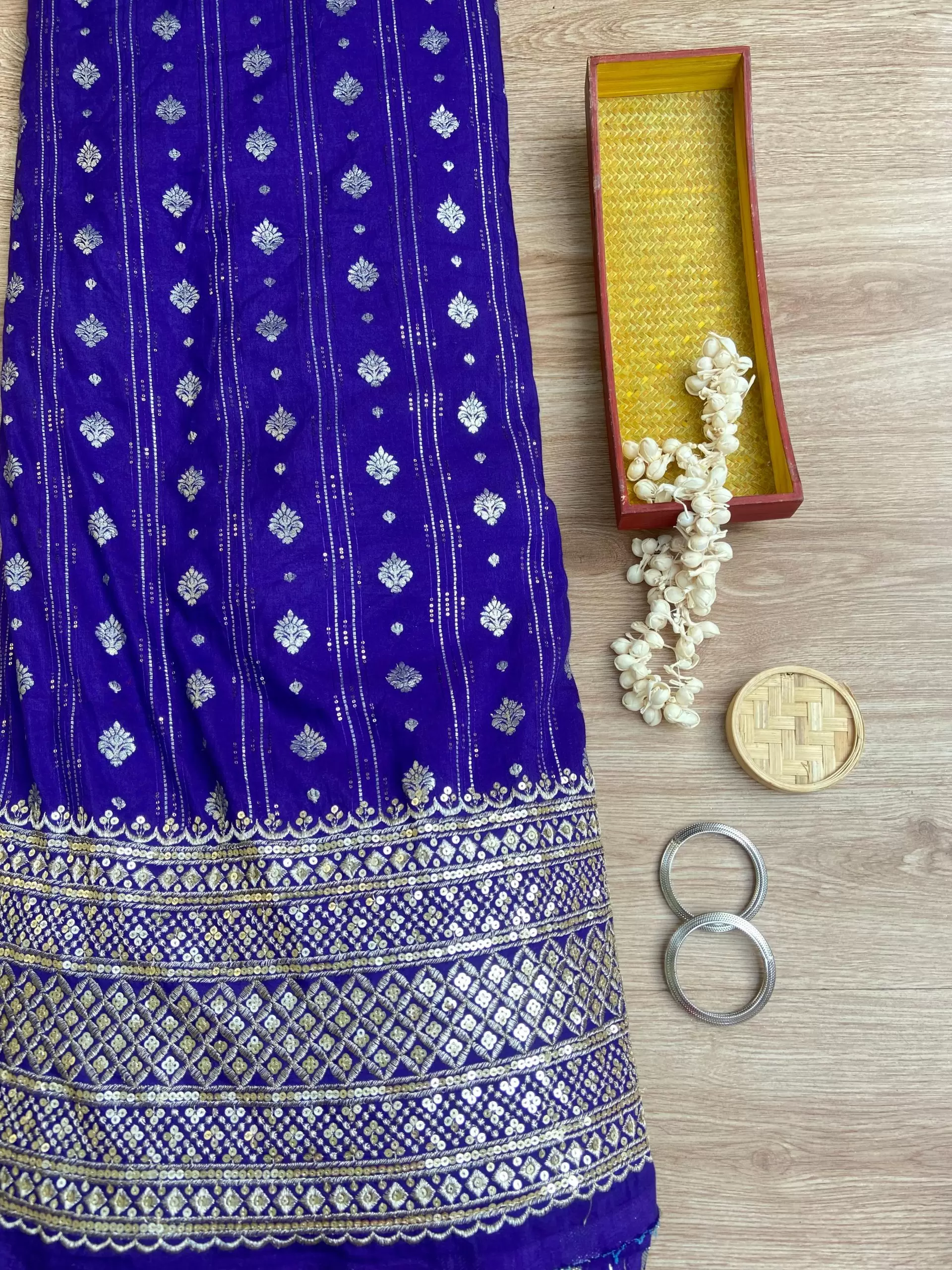 Royal Blue Dola silk Banarasi Fabric with heavy embroidered border