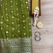 Olive green Dola silk Banarasi Fabric with heavy embroidered border