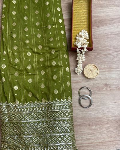 Olive green Dola silk Banarasi Fabric with heavy embroidered border