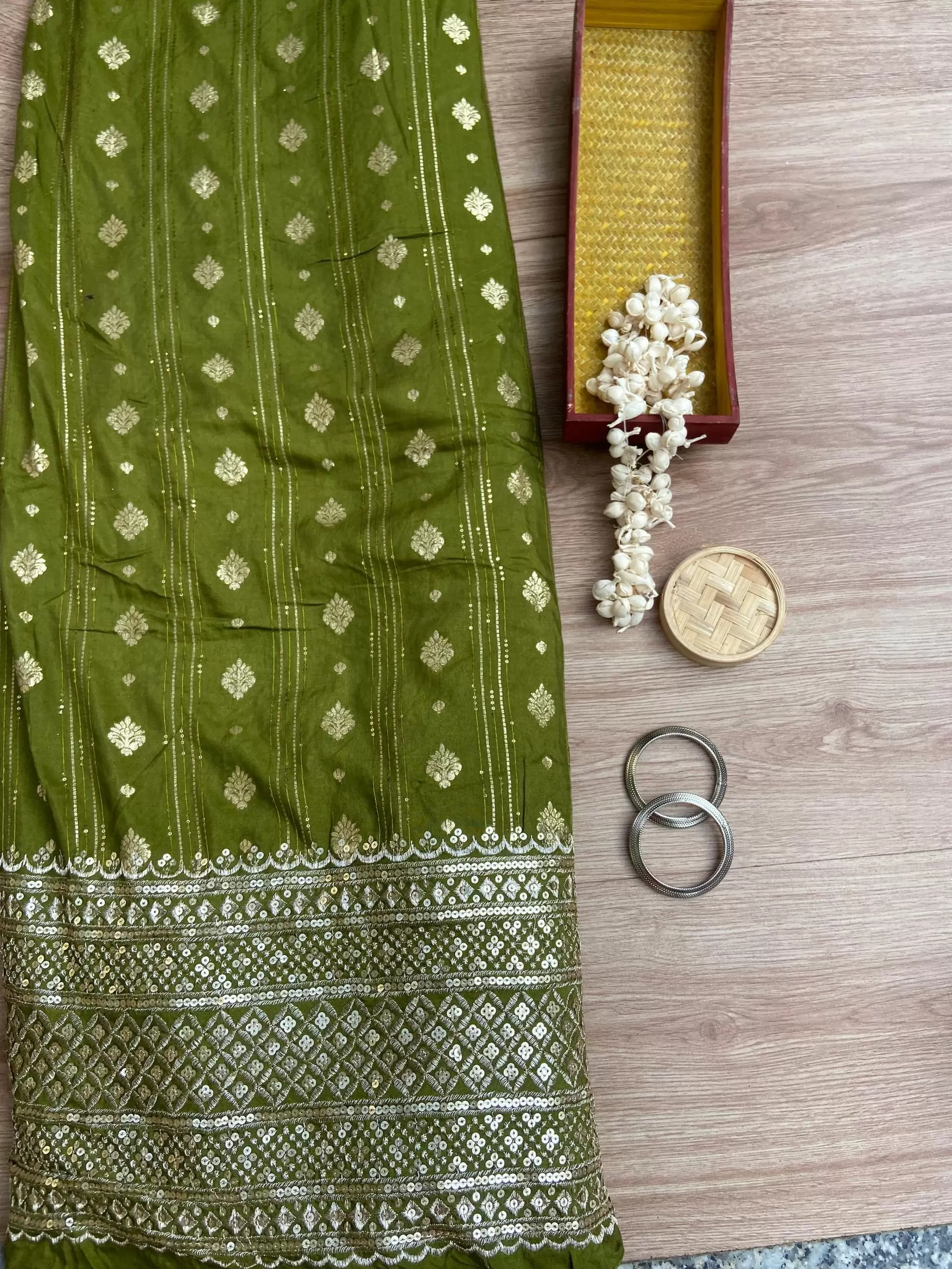 Olive green Dola silk Banarasi Fabric with heavy embroidered border