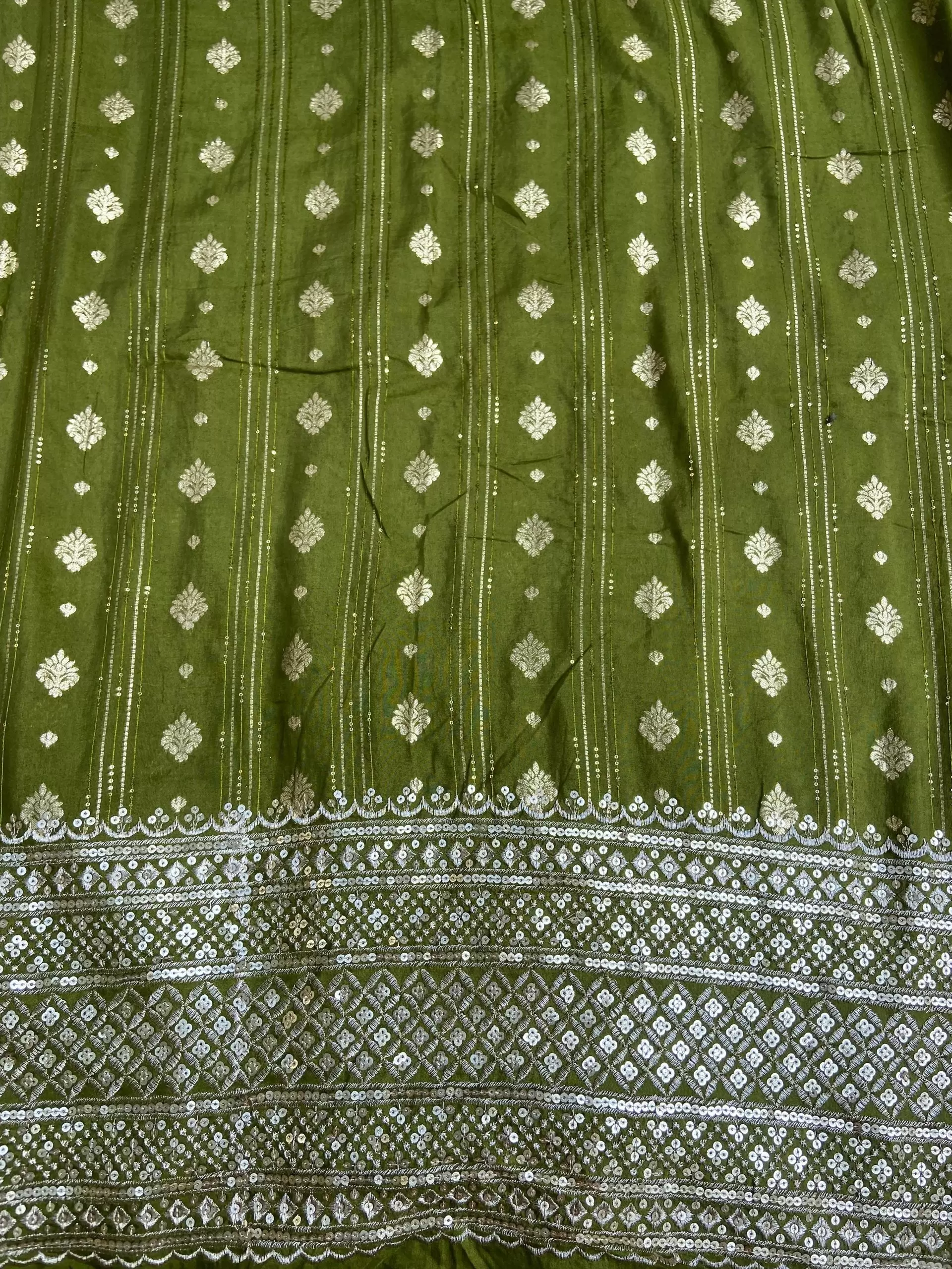 Olive green Dola silk Banarasi Fabric with heavy embroidered border