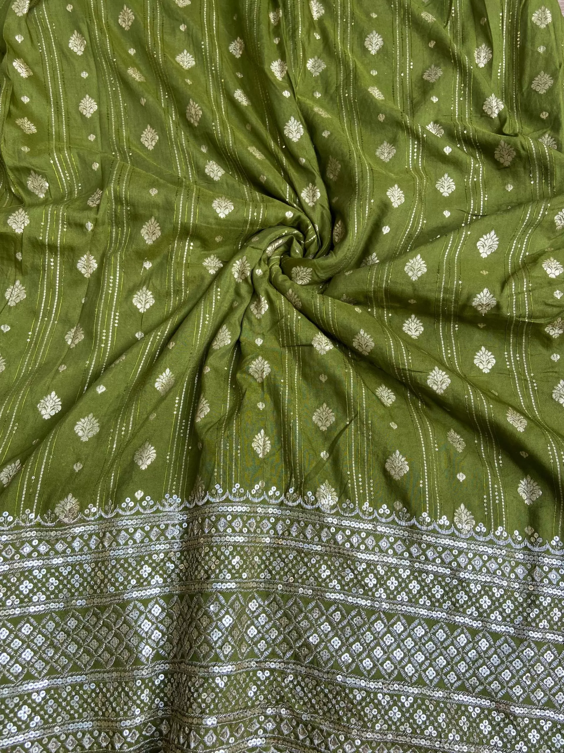 Olive green Dola silk Banarasi Fabric with heavy embroidered border