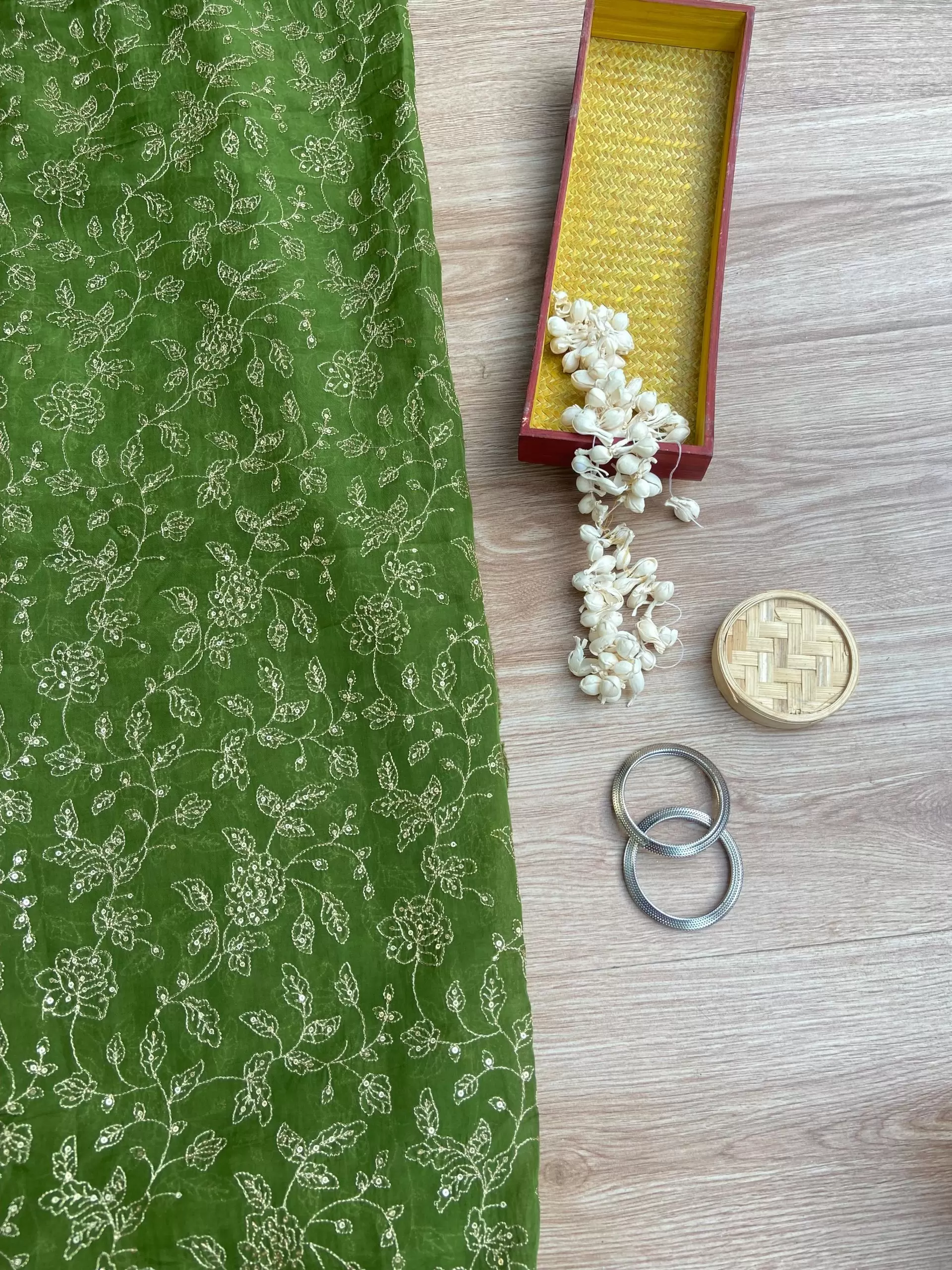 Oliver Green Pure Organza silk With floral jaal Work Zari Embroidery fabric