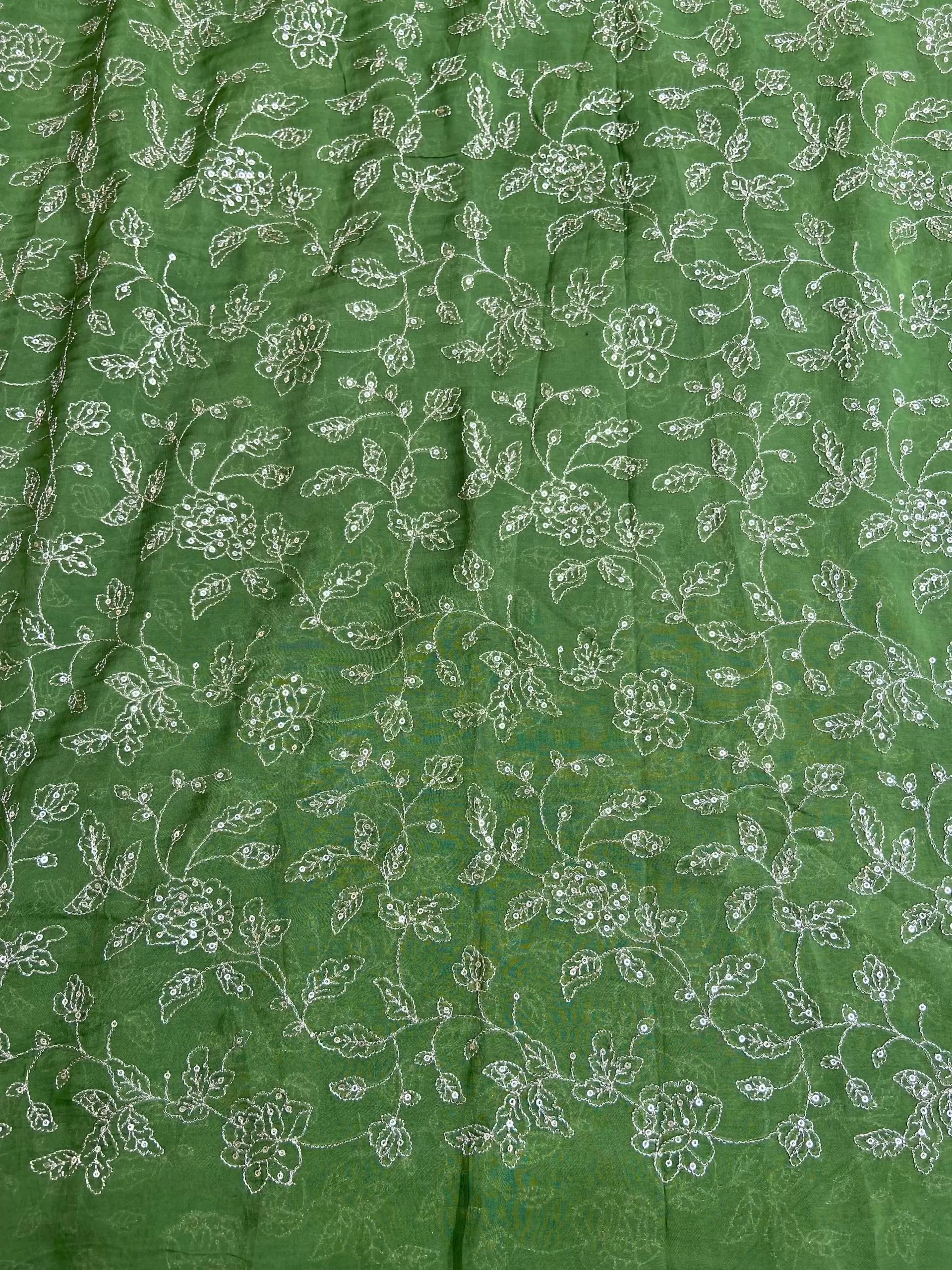 Oliver Green Pure Organza silk With floral jaal Work Zari Embroidery fabric