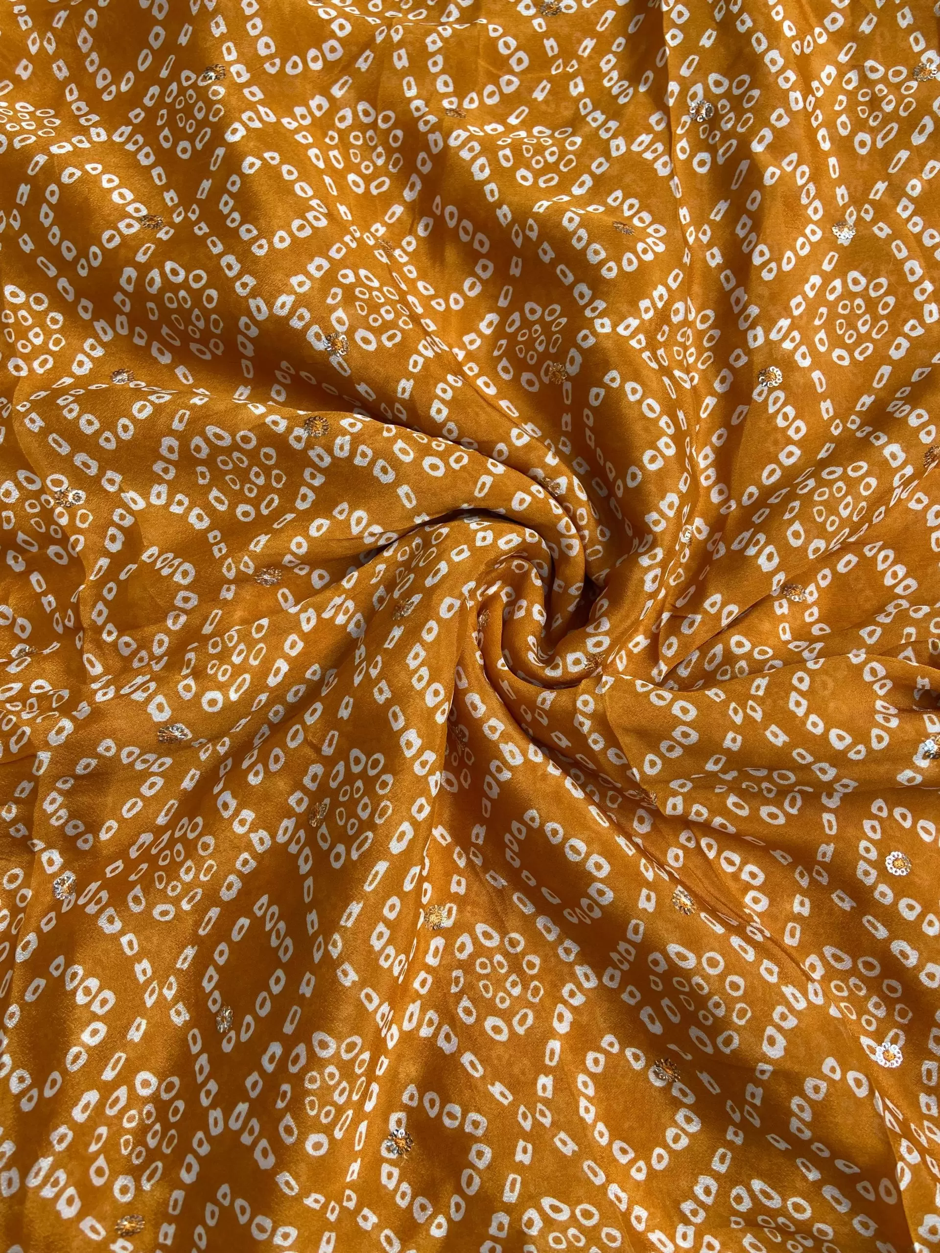 Bandhej Print in Dark Mustard Yellow Pure Crape On Buti Fabric