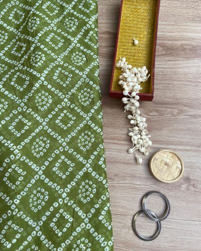 Bandhej Print in  Oliver Green Pure Crape On Buti Fabric