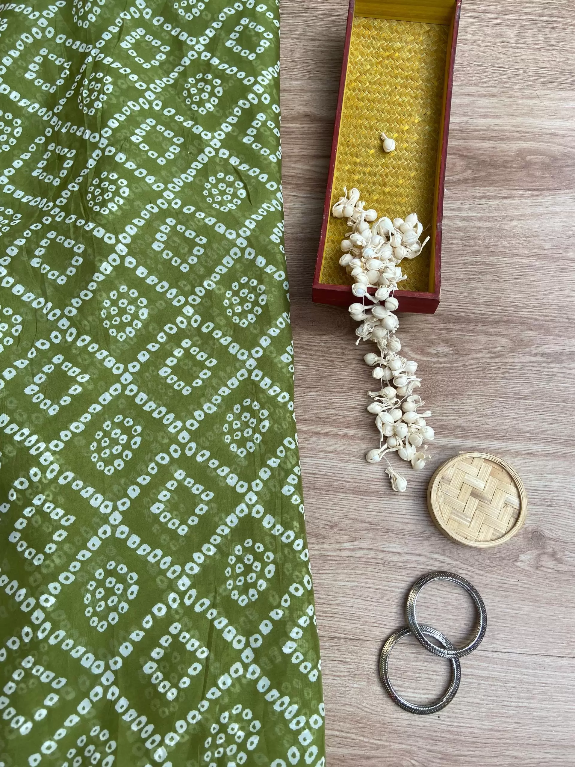 Bandhej Print in Oliver Green Pure Crape On Buti Fabric