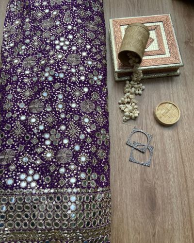 Purple Pure Georgette Fabric with Heavy ,Golden Sequin & Mirror Embroidery