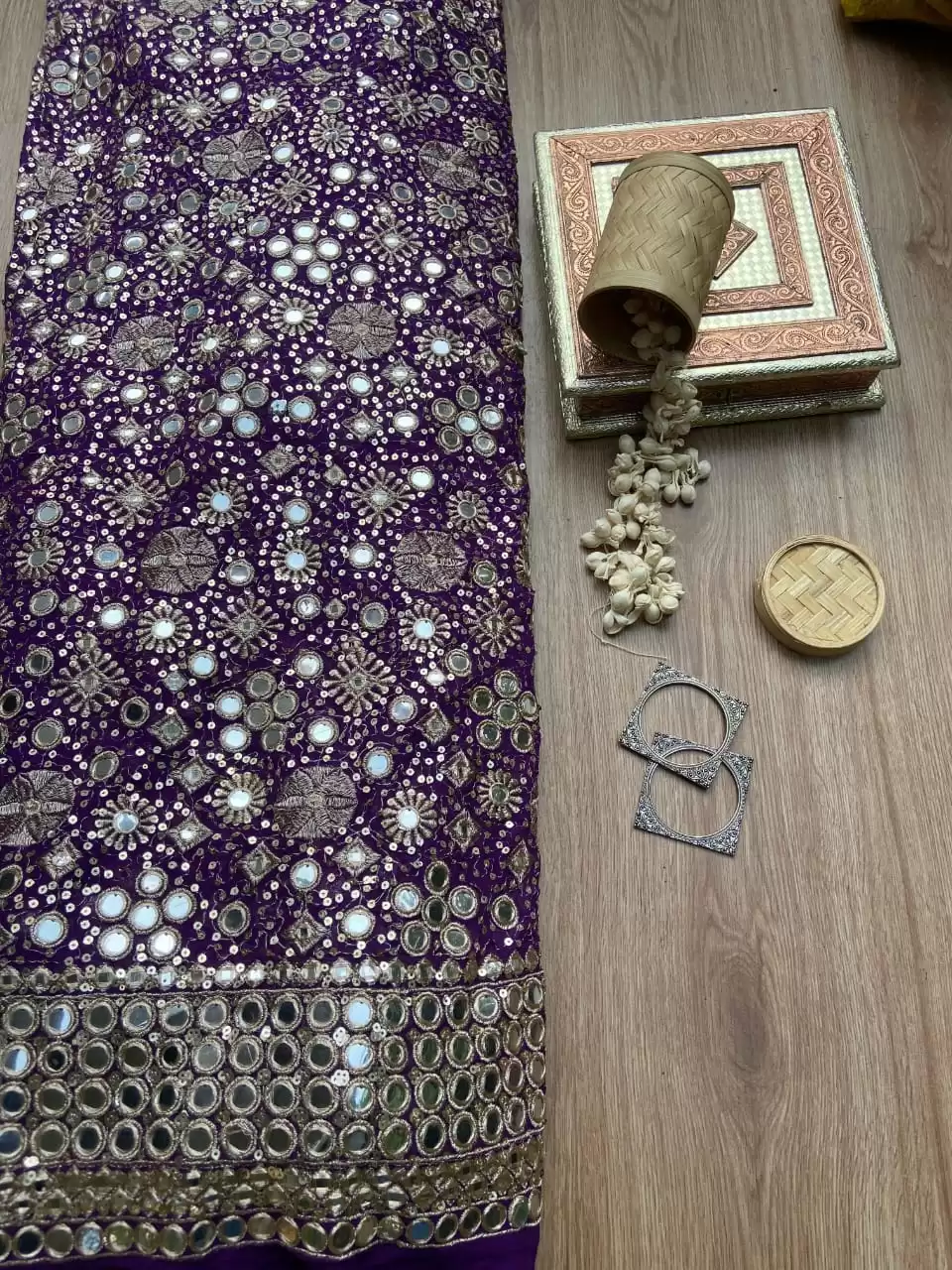 Purple Pure Georgette Fabric with Heavy ,Golden Sequin & Mirror Embroidery