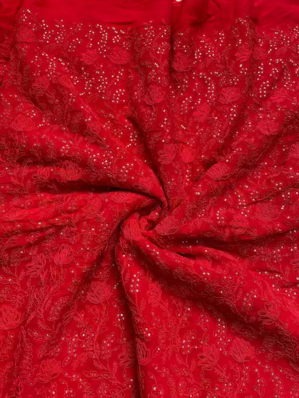 Red tone on tone chikankari Embroidered Pure Georgette fabric