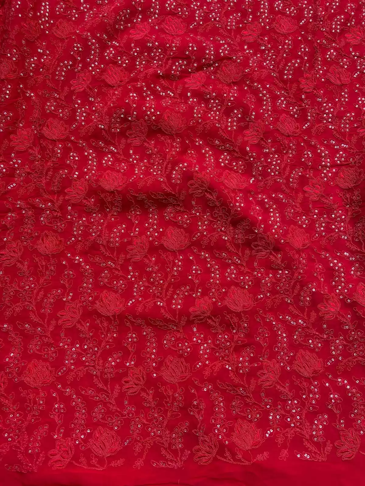 Red tone on tone chikankari Embroidered Pure Georgette fabric