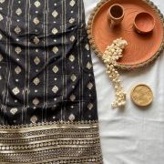 Black Dola silk Banarasi Fabric with heavy embroidered border