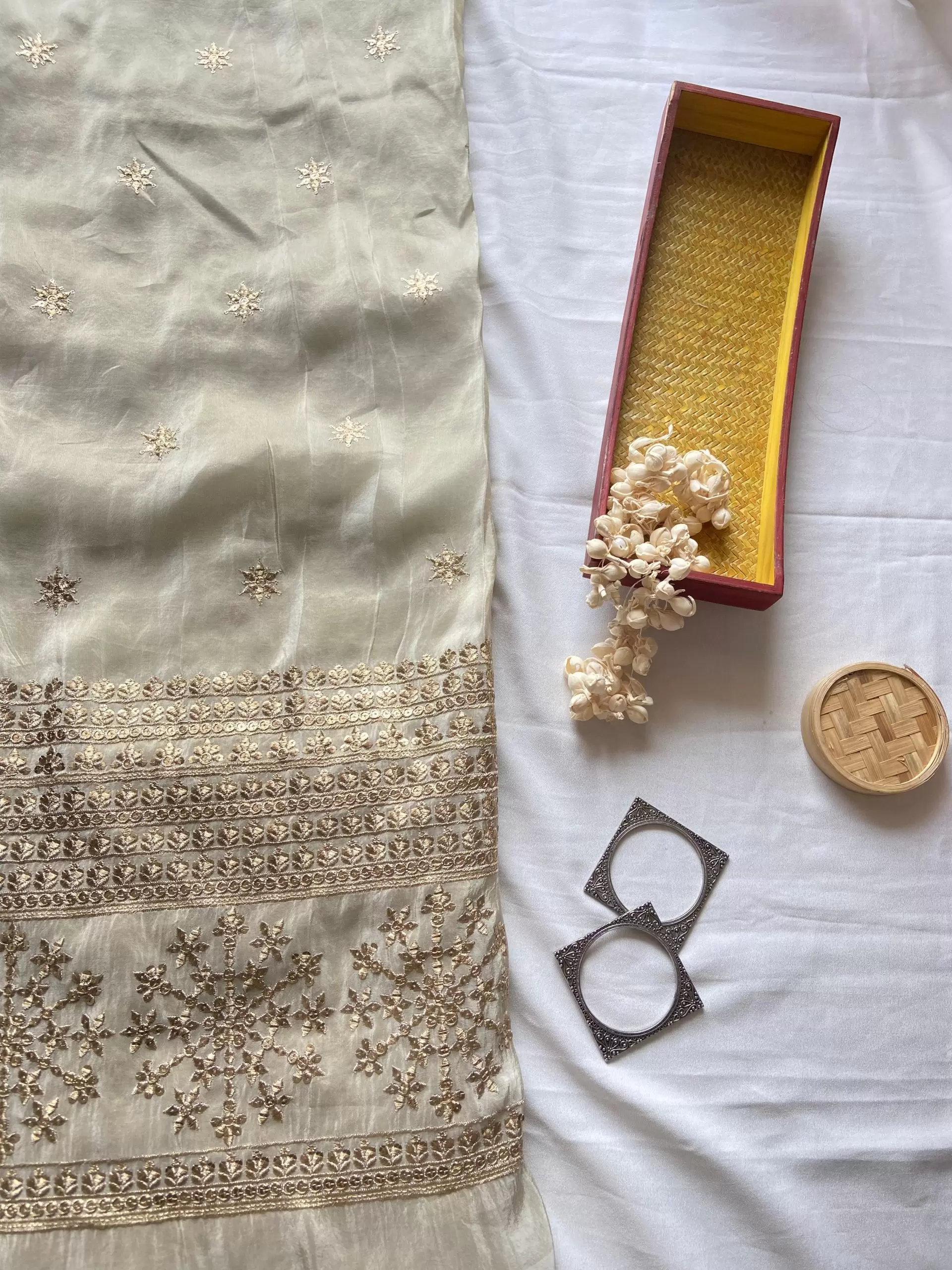 Ivory Pure Cosmos Tissue Silk Fabric with Buti Work and Heavy Zari & Sequin Embroidery Border