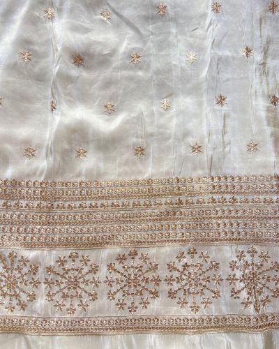 Ivory Pure Cosmos Tissue Silk Fabric with Buti Work and Heavy Zari & Sequin Embroidery Border