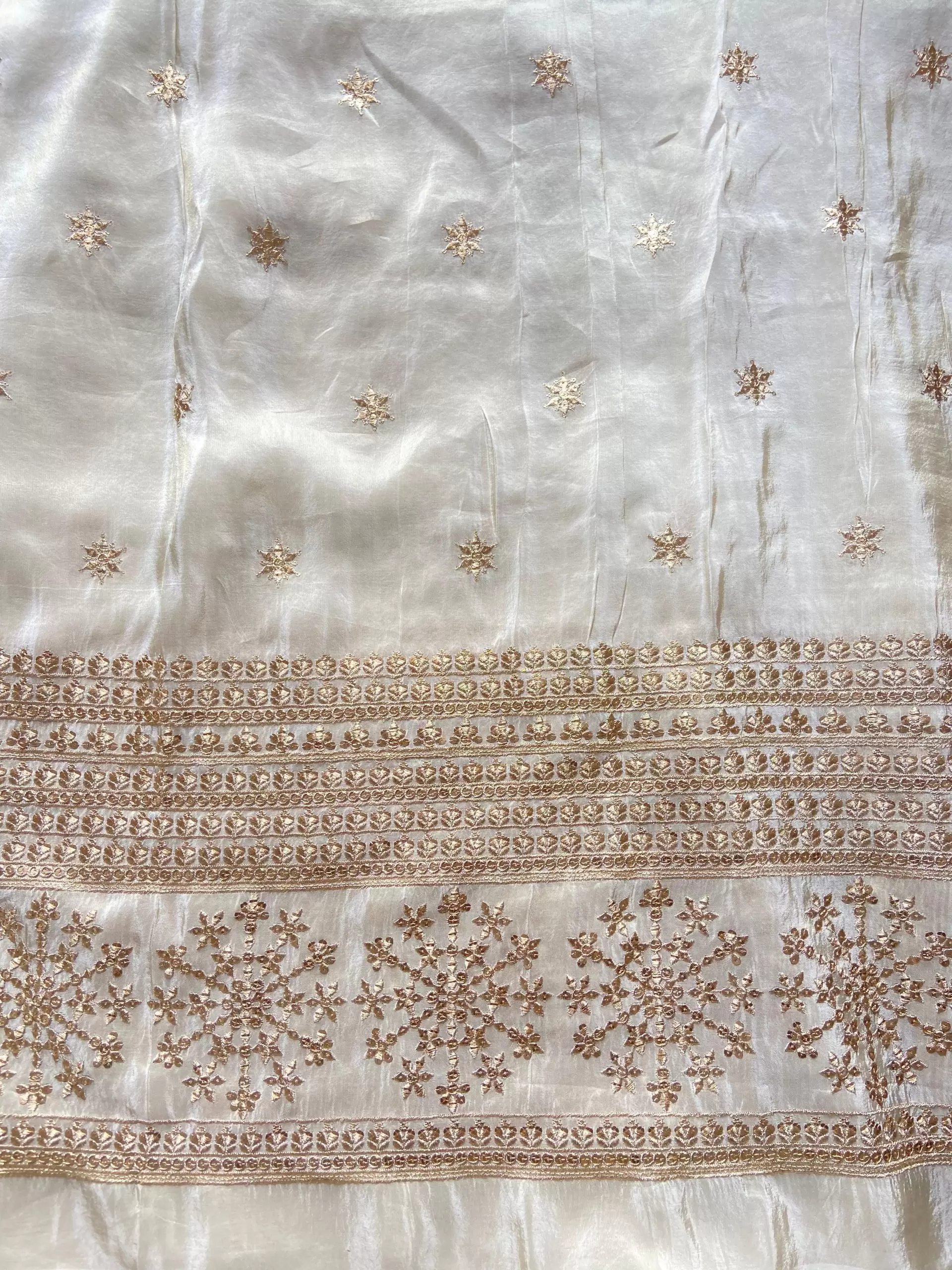 Ivory Pure Cosmos Tissue Silk Fabric with Buti Work and Heavy Zari & Sequin Embroidery Border