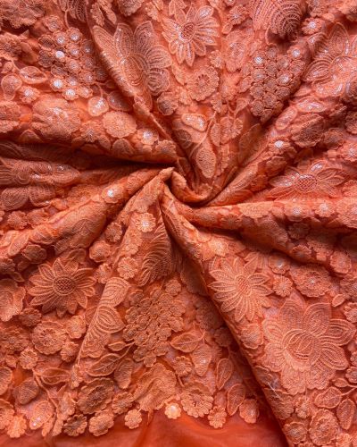 Floral Thread & Sequin Embroidery on Orange Wide Net Fabric