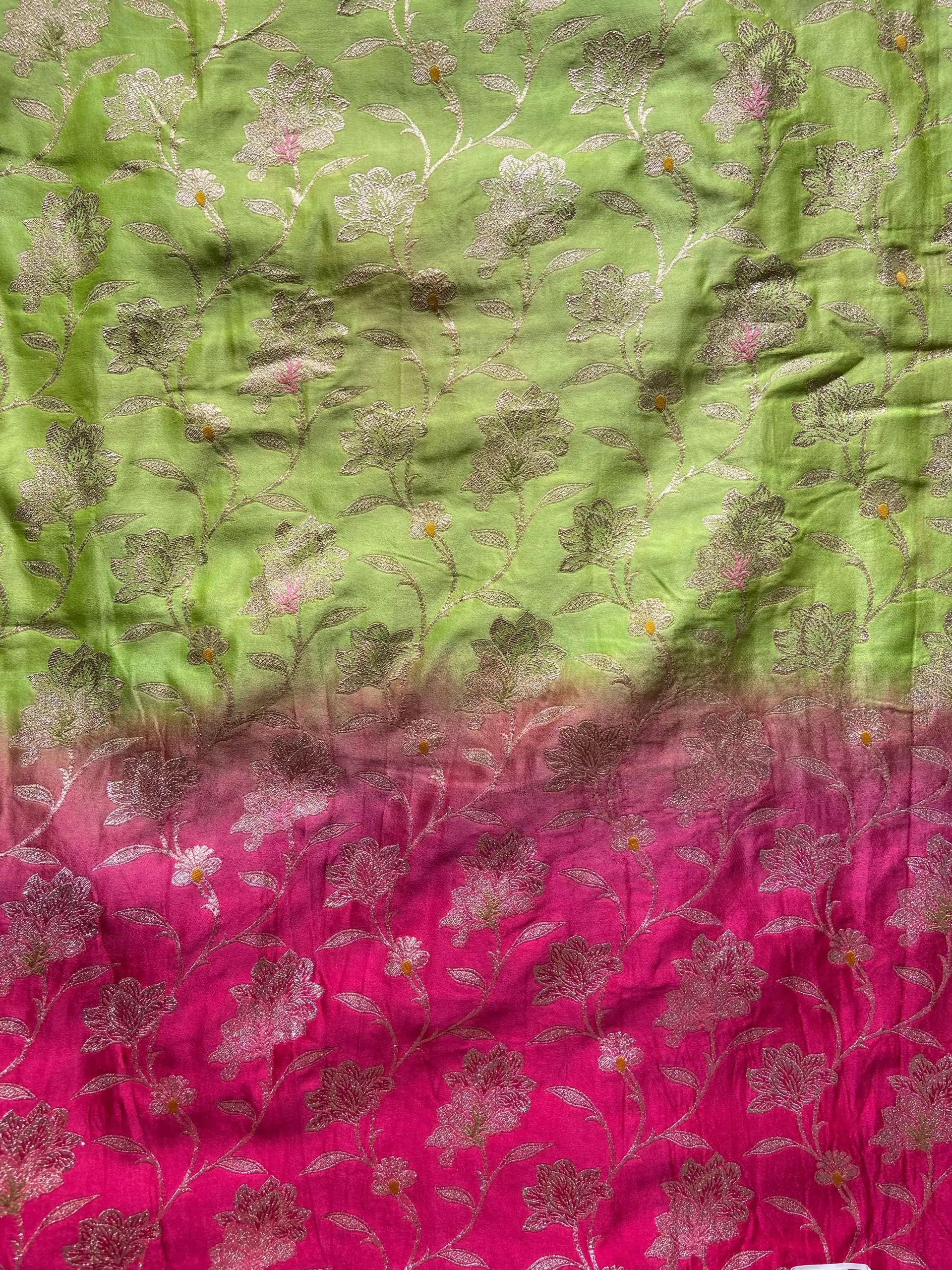 Neon Green to Pink Ombre Shaded With heavy floral Printed Tissue Silk Fabric