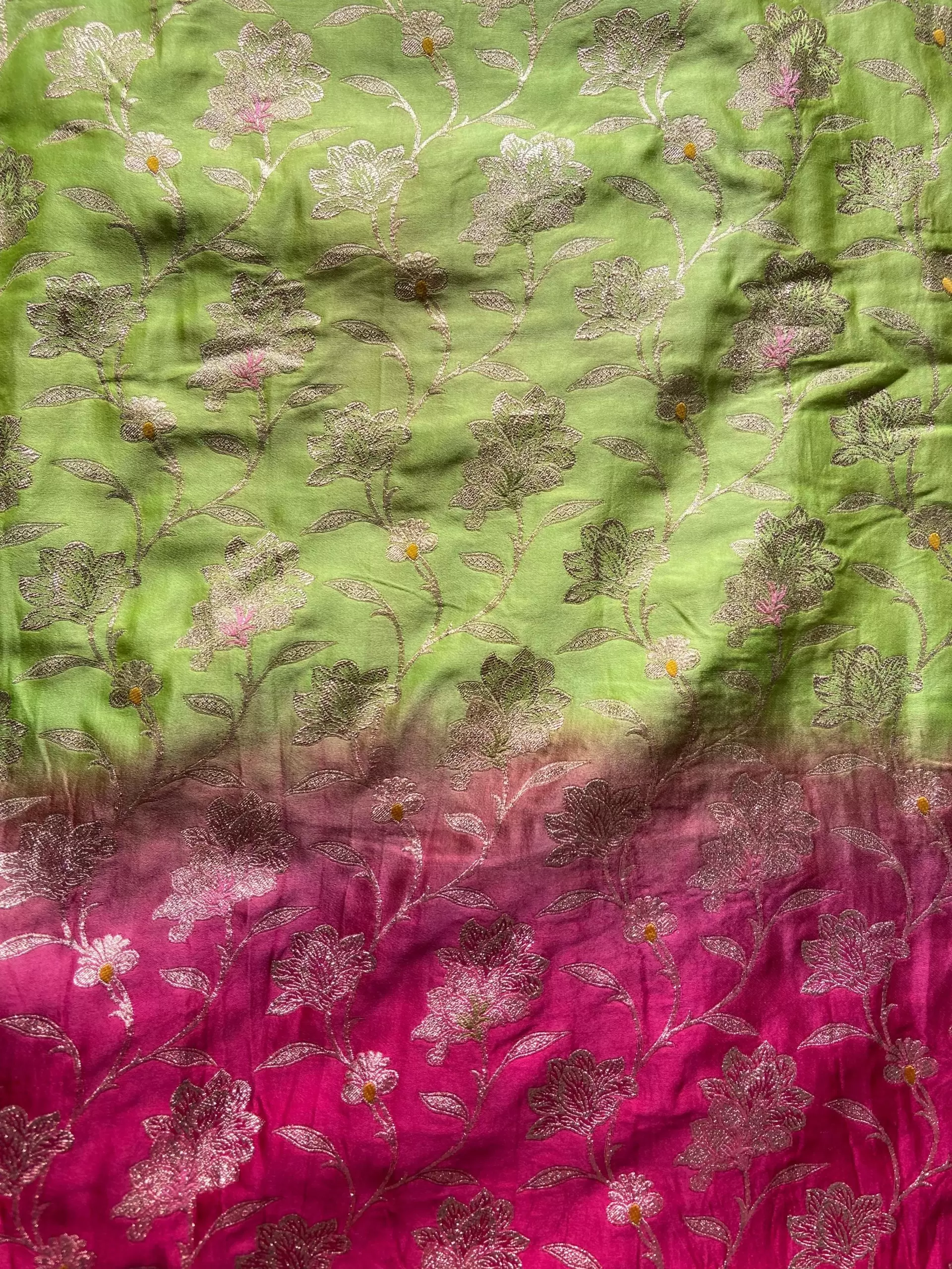 Neon Green to Pink Ombre Shaded With heavy floral Printed Tissue Silk Fabric