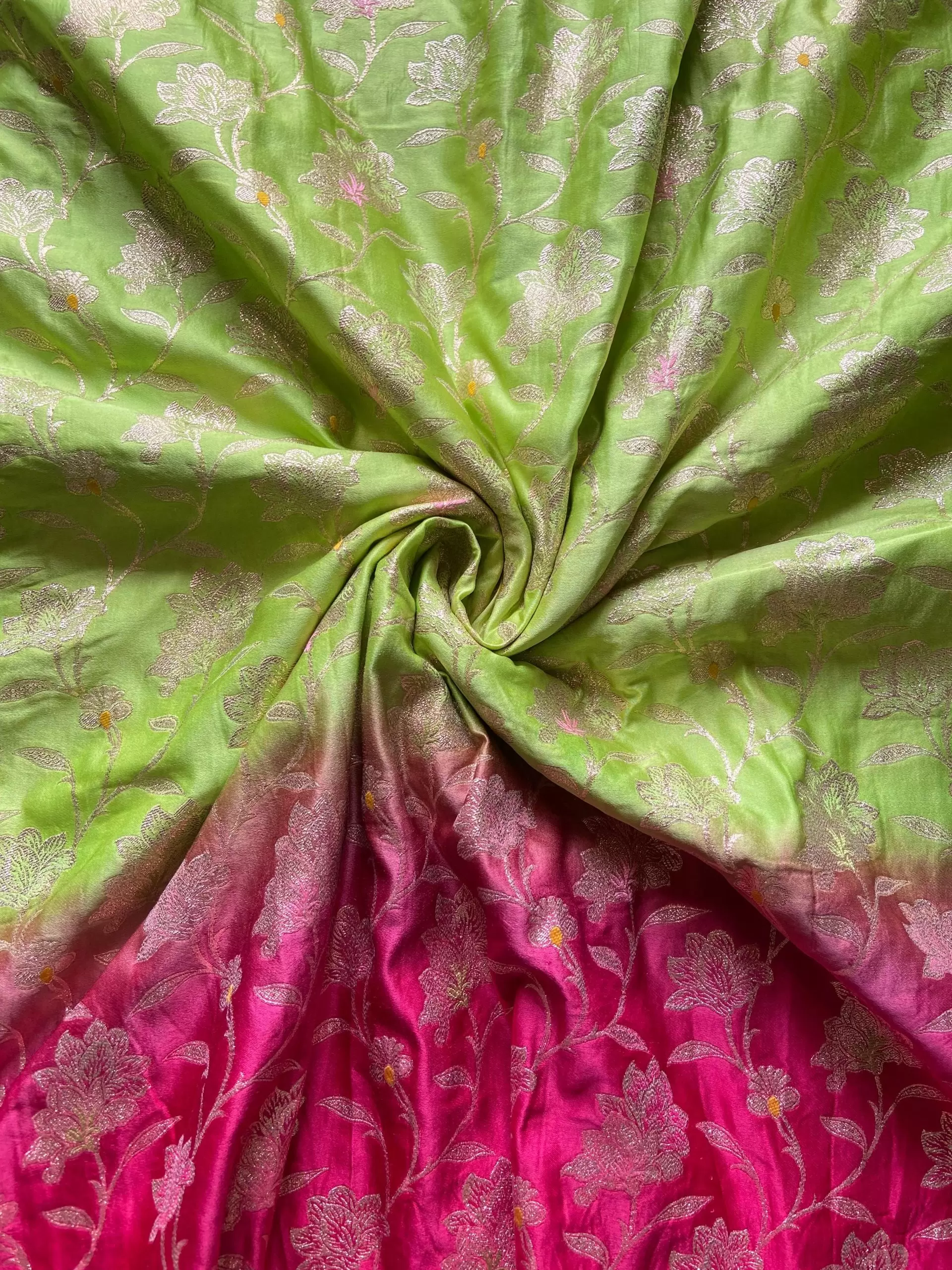 Neon Green to Pink Ombre Shaded With heavy floral Printed Tissue Silk Fabric