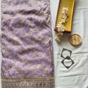 Lavender heavy embroidered pure cosmos tissue silk fabric