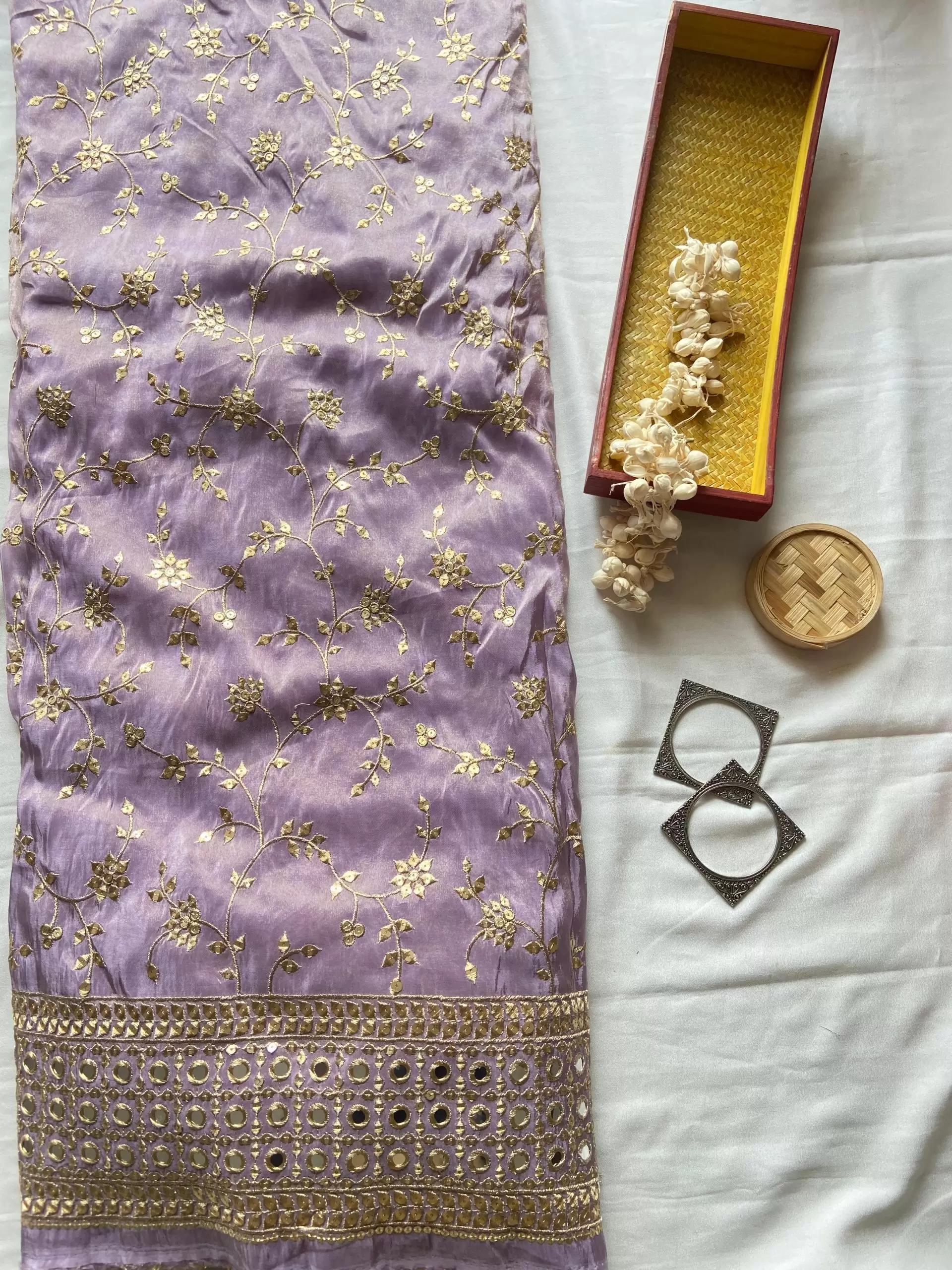 Lavender heavy embroidered pure cosmos tissue silk fabric