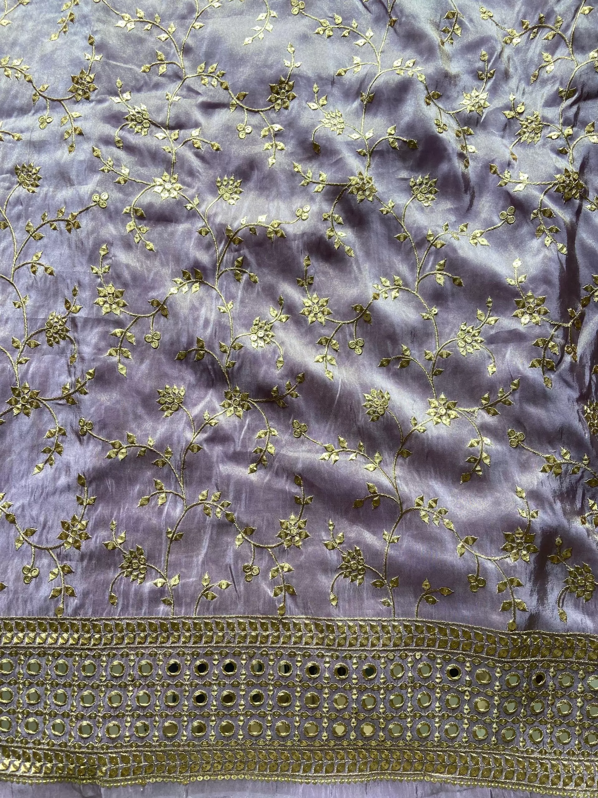 Lavender heavy embroidered pure cosmos tissue silk fabric