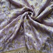 Lavender heavy embroidered pure cosmos tissue silk fabric