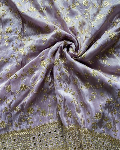 Lavender heavy embroidered pure cosmos tissue silk fabric