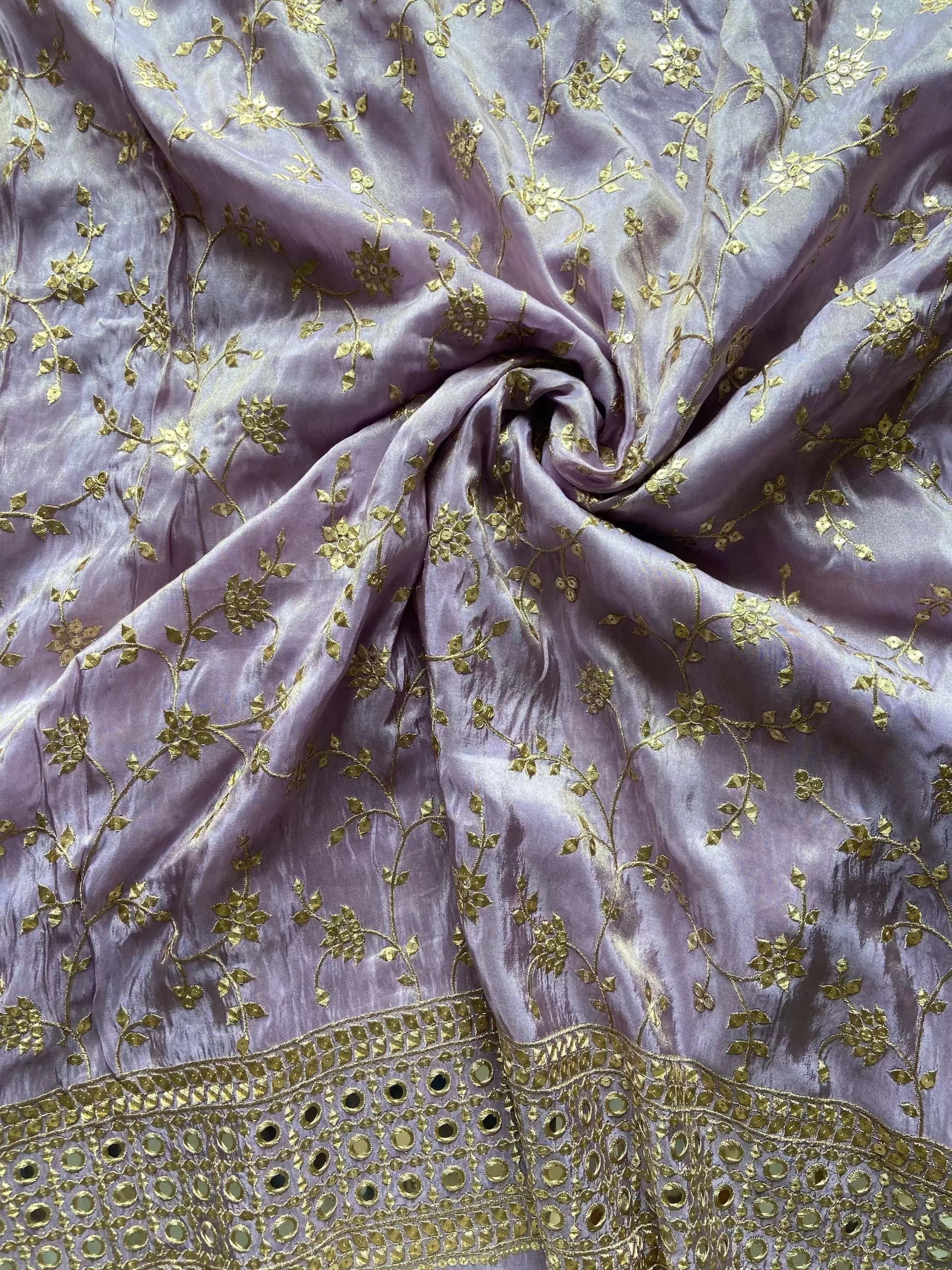 Lavender heavy embroidered pure cosmos tissue silk fabric