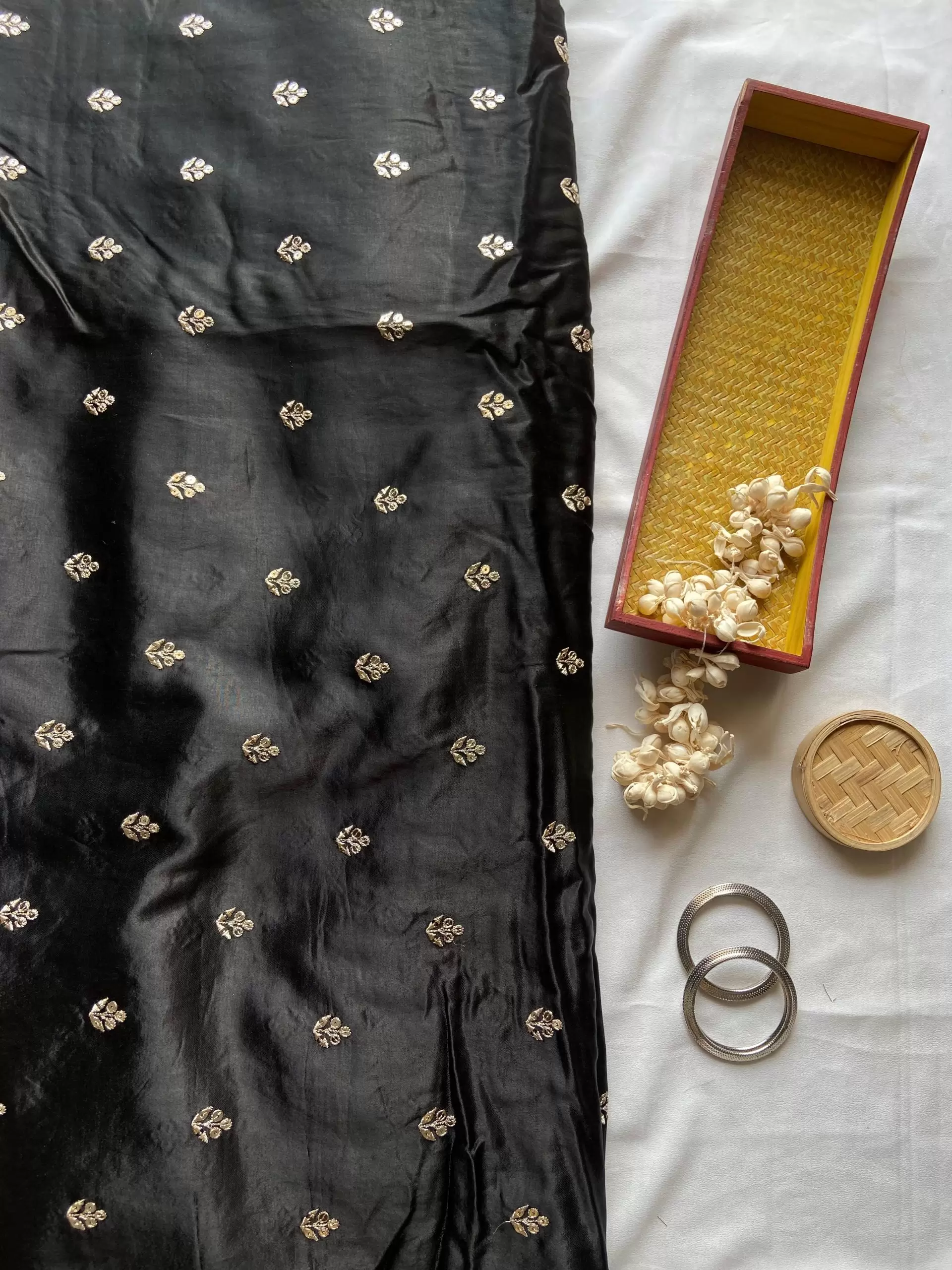 Black Pure Gaji Silk Fabric On Buti Zari Embroidery