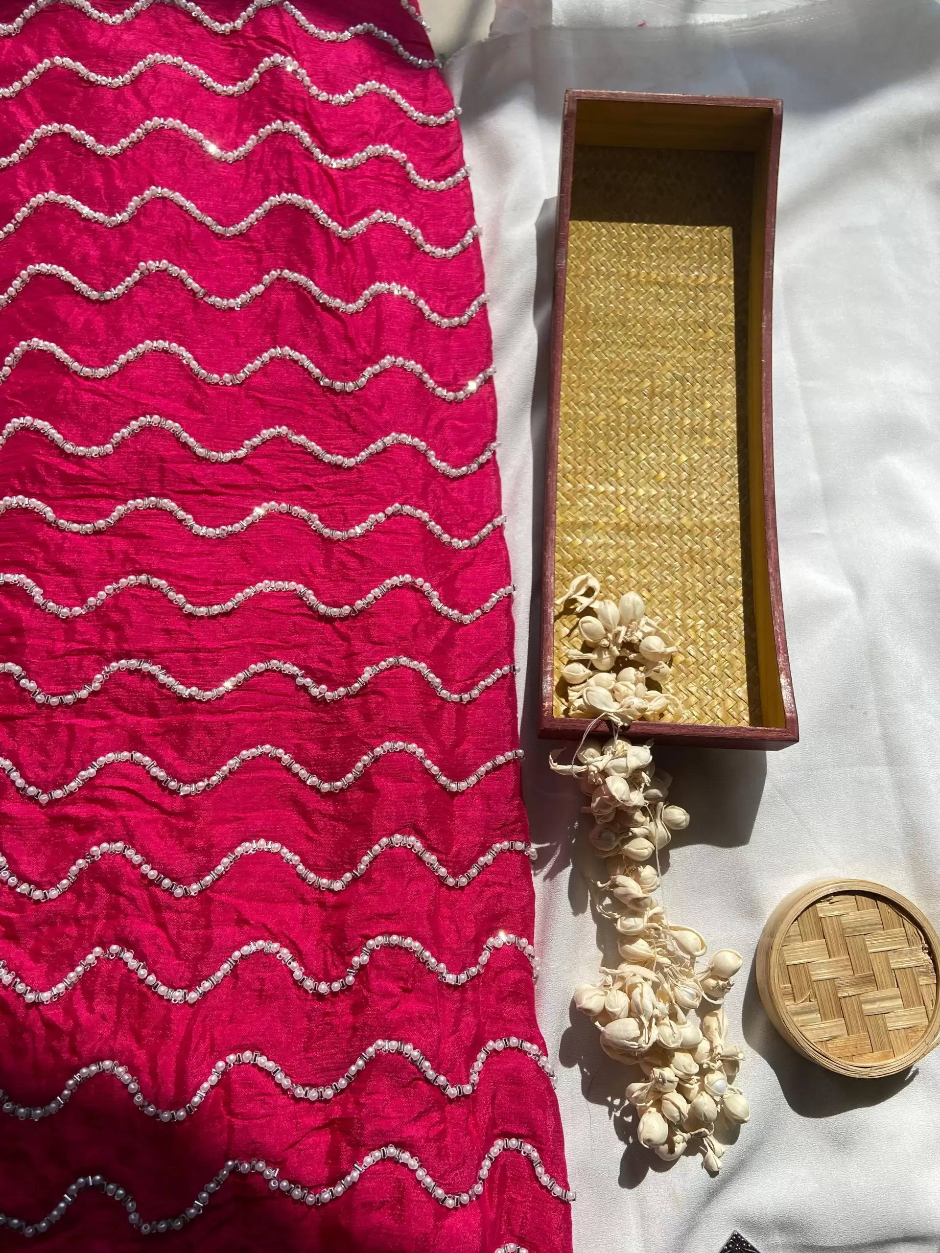 Rani pink Pure Chinon Fabric with pearl Hand Embroidery and Zig Zag