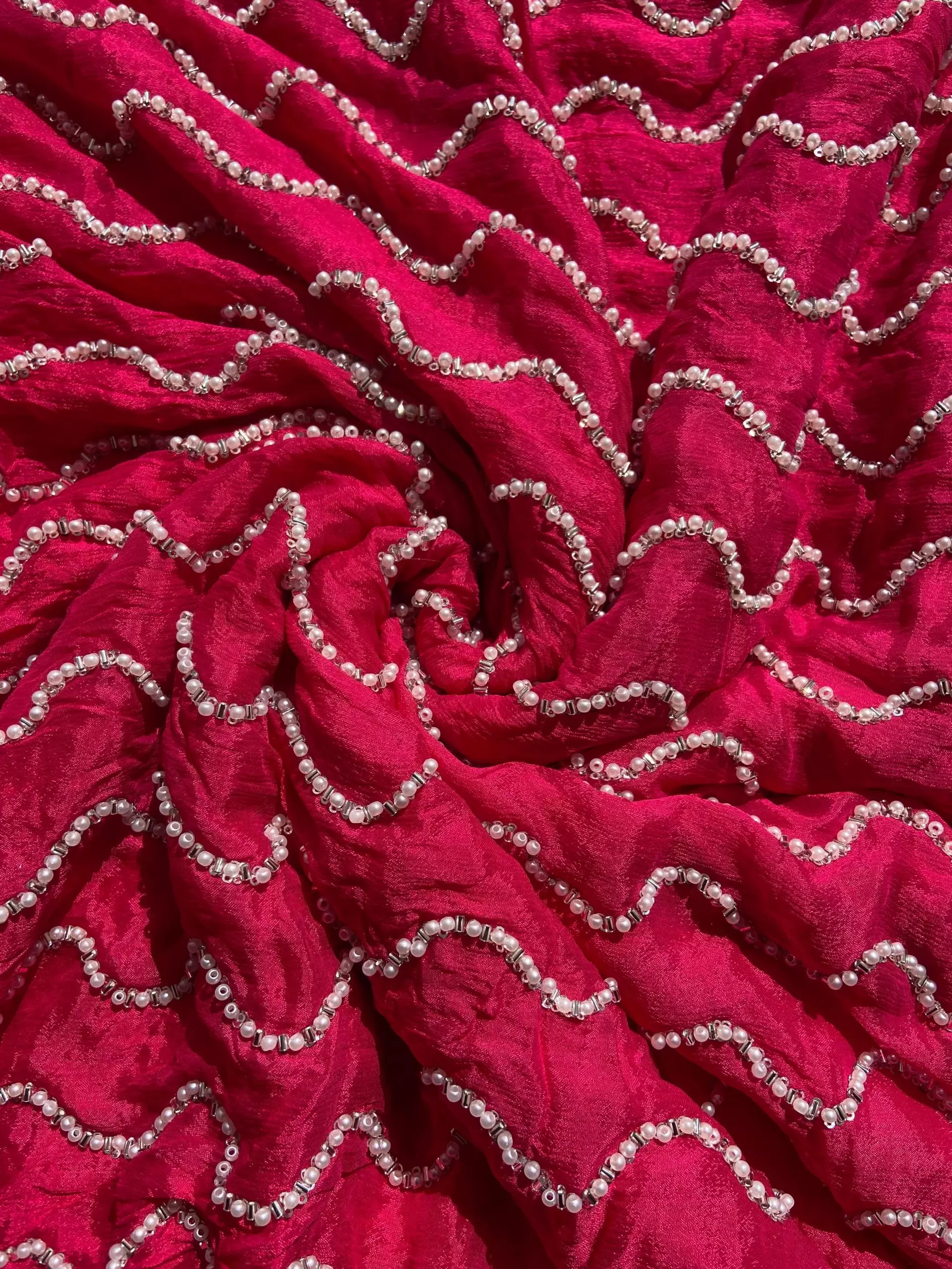 Rani pink Pure Chinon Fabric with pearl Hand Embroidery and Zig Zag