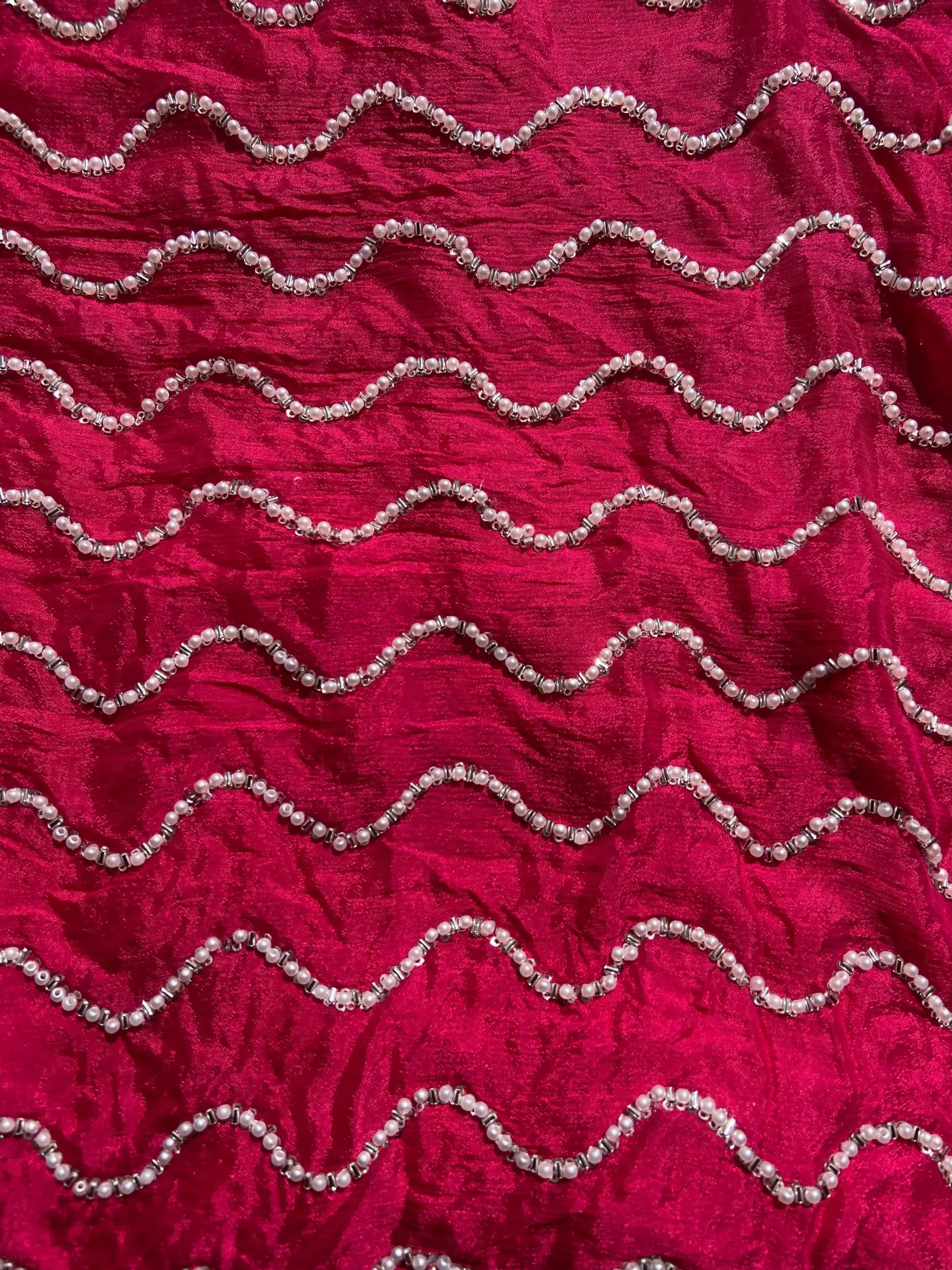 Rani pink Pure Chinon Fabric with pearl Hand Embroidery and Zig Zag