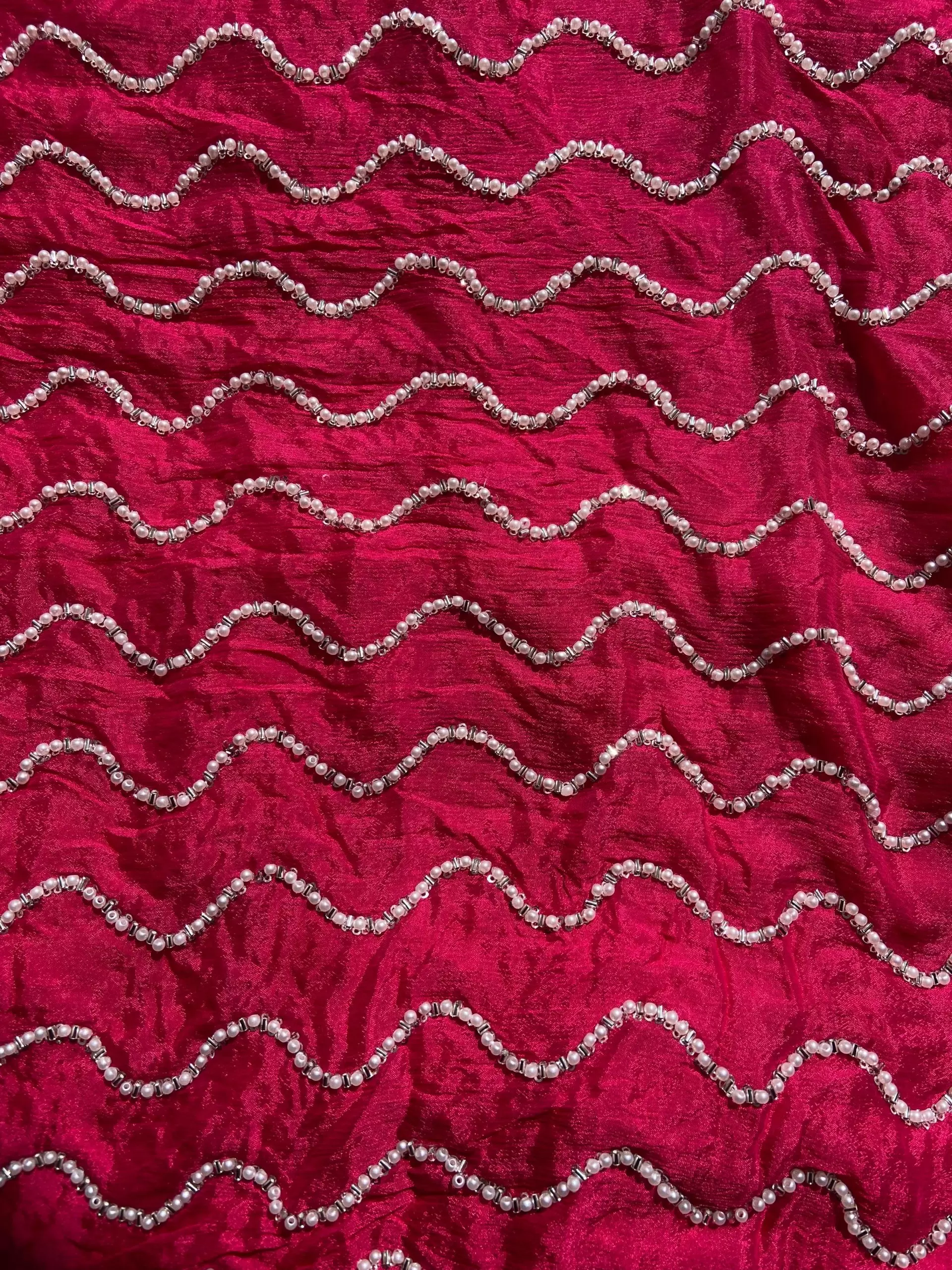 Rani pink Pure Chinon Fabric with pearl Hand Embroidery and Zig Zag