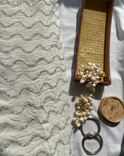 White Pure Chinon Fabric with pearl Hand Embroidery and Zig Zag Pattern