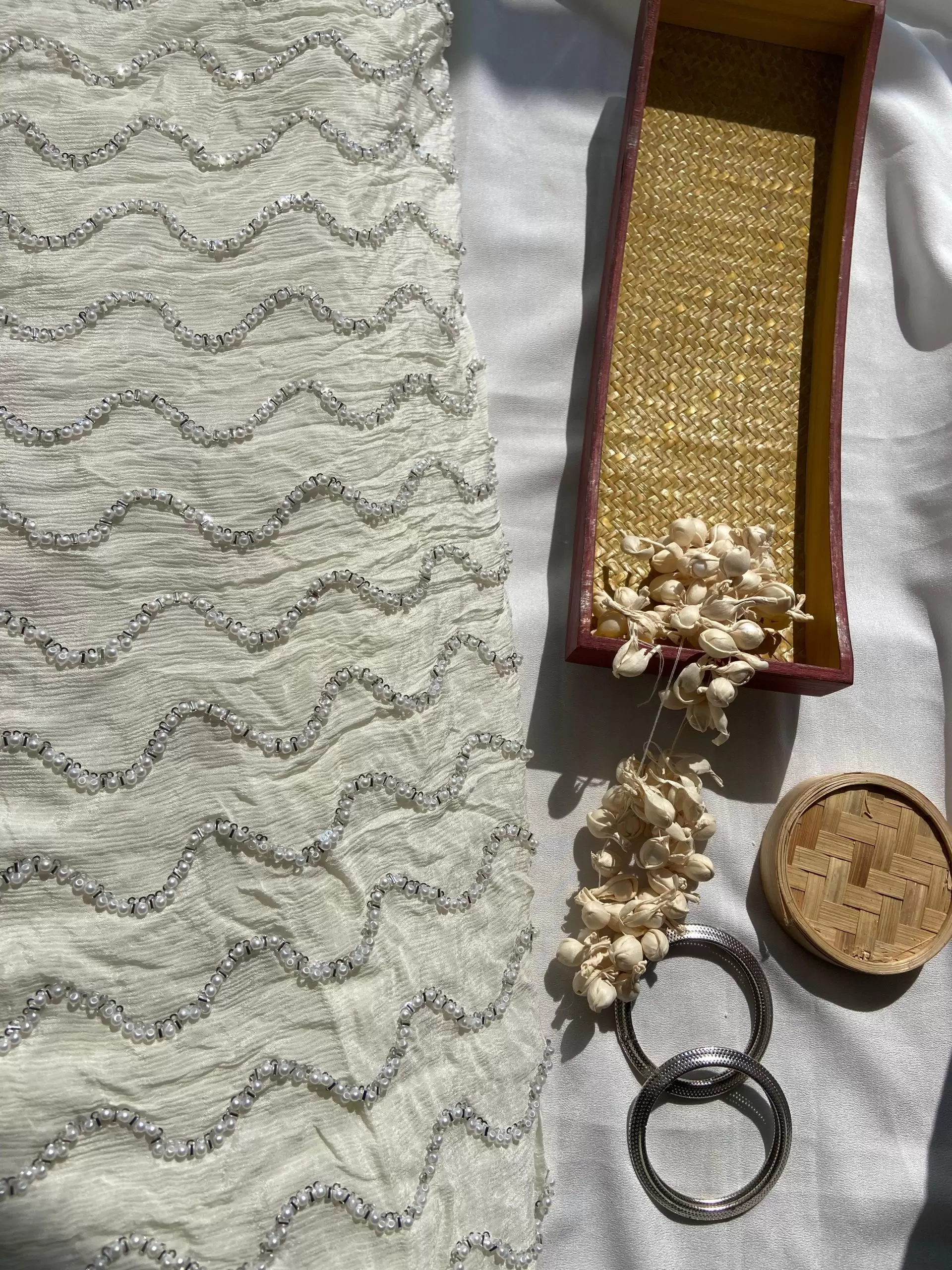 White Pure Chinon Fabric with pearl Hand Embroidery and Zig Zag Pattern