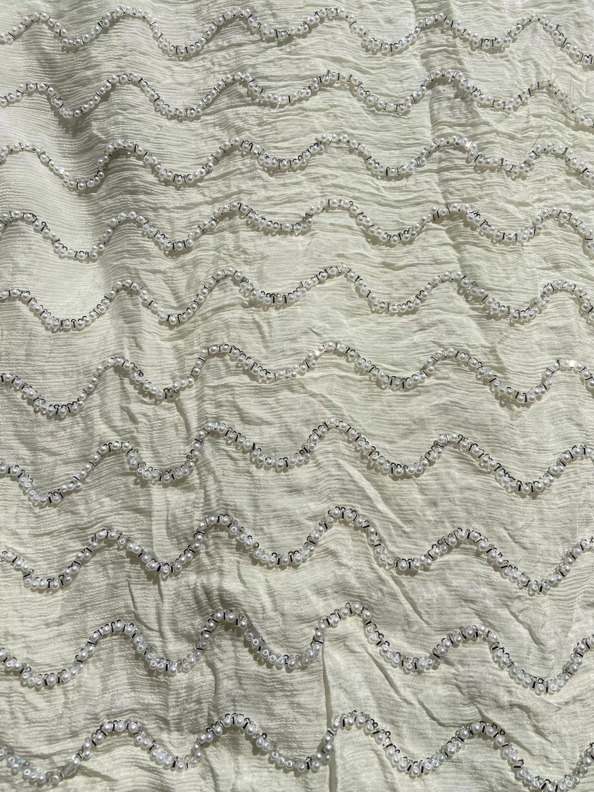White Pure Chinon Fabric with pearl Hand Embroidery and Zig Zag Pattern