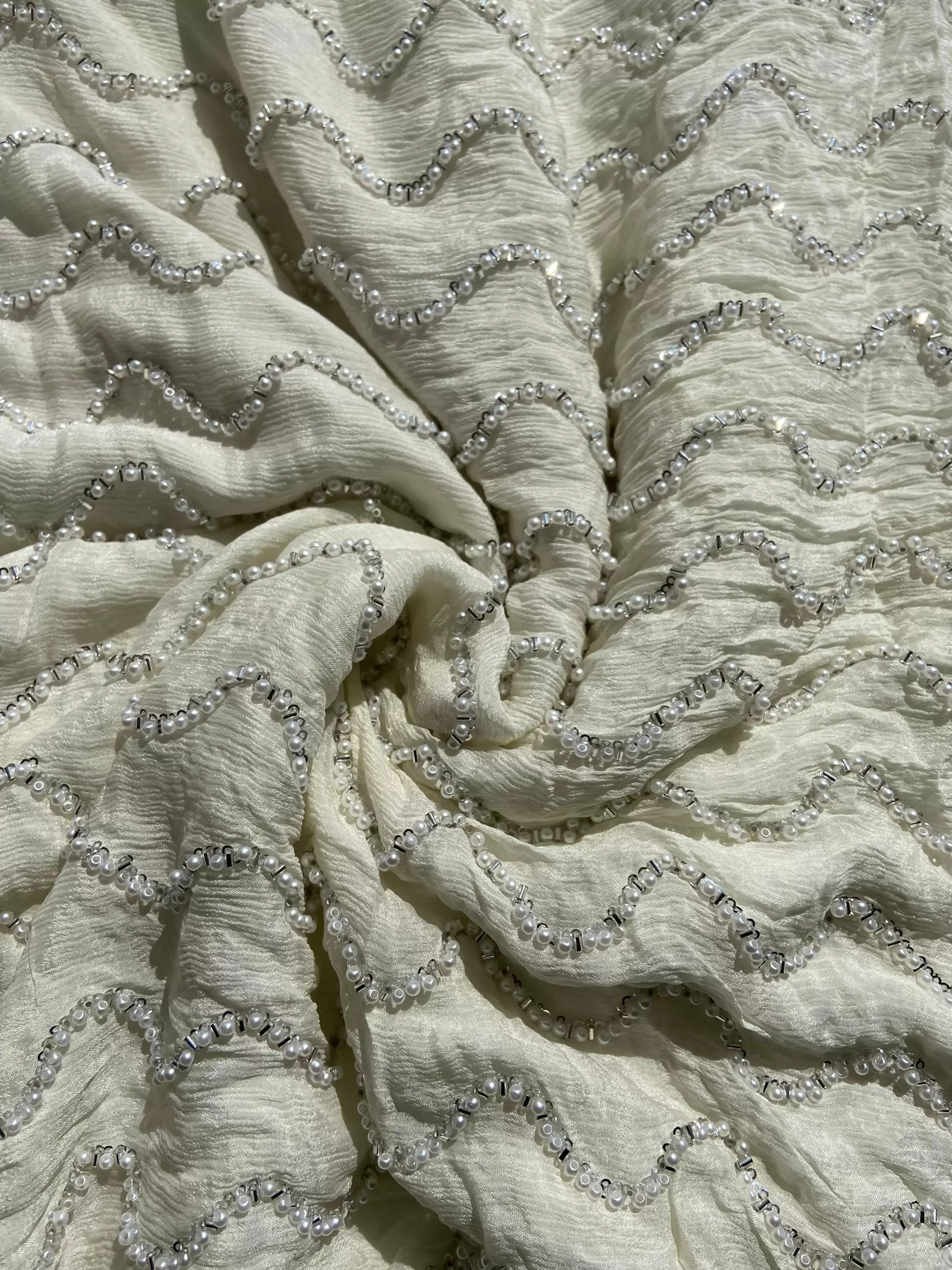 White Pure Chinon Fabric with pearl Hand Embroidery and Zig Zag Pattern