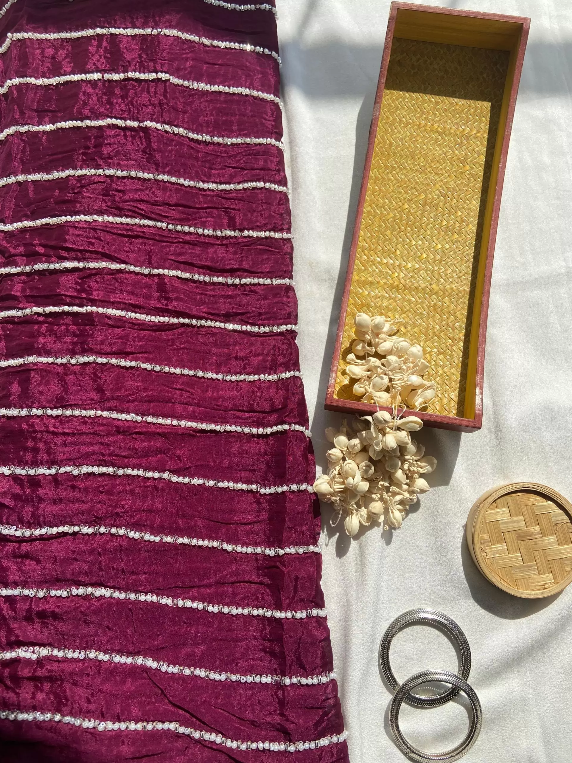 Wine Pure Chinon Fabric with pearl Hand Embroidery Stripe Pattern