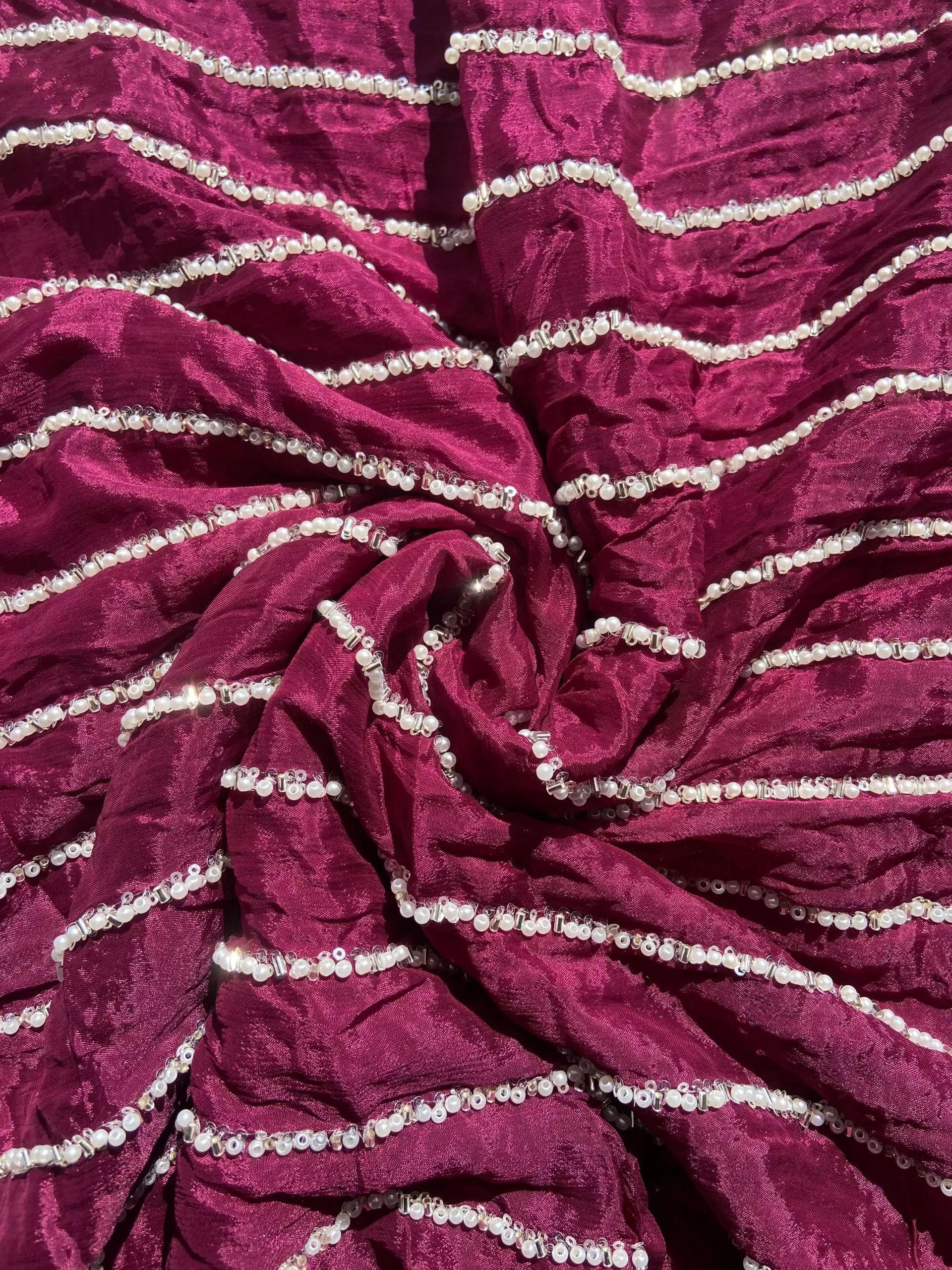 Wine Pure Chinon Fabric with pearl Hand Embroidery Stripe Pattern