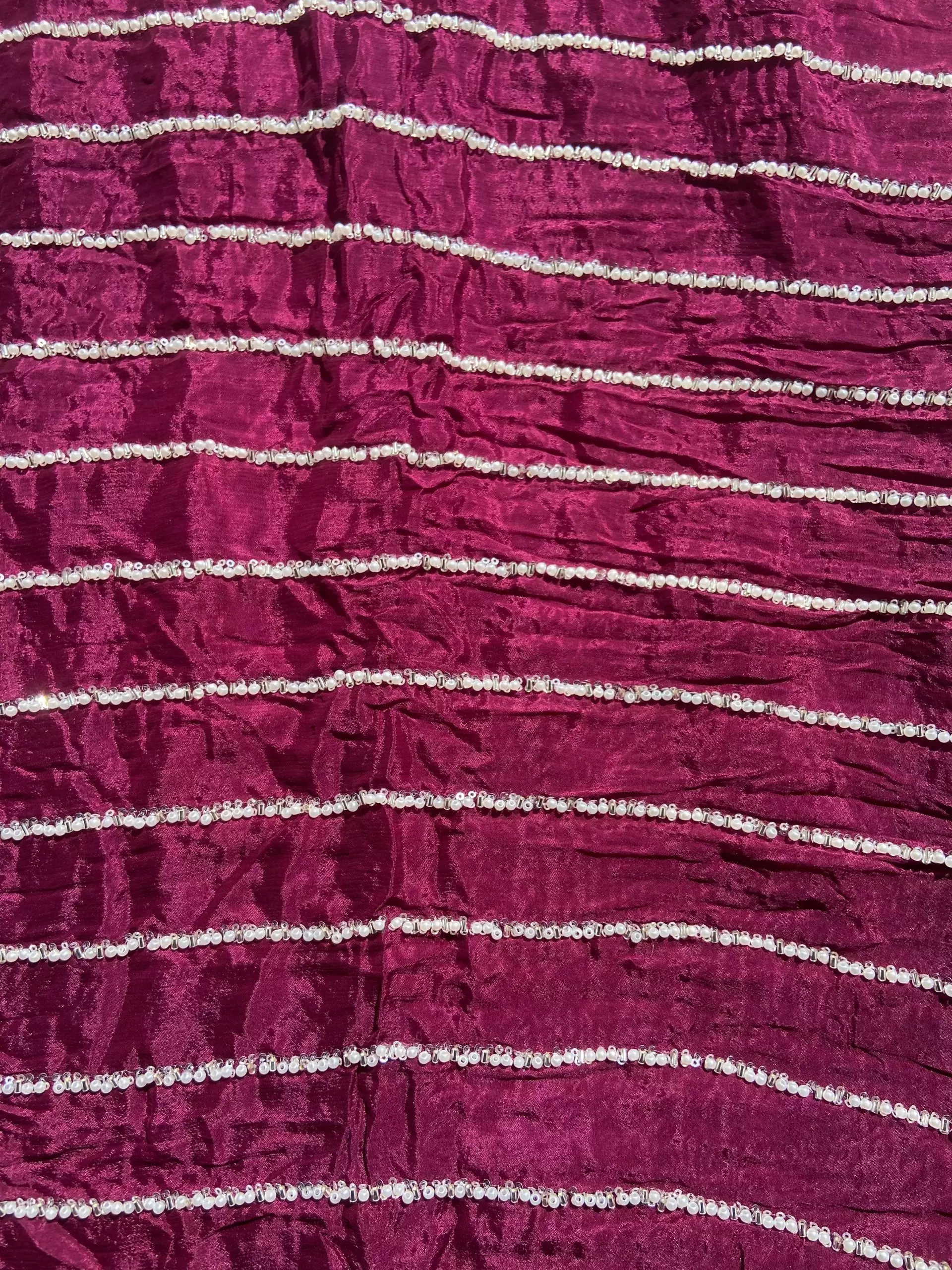 Wine Pure Chinon Fabric with pearl Hand Embroidery Stripe Pattern
