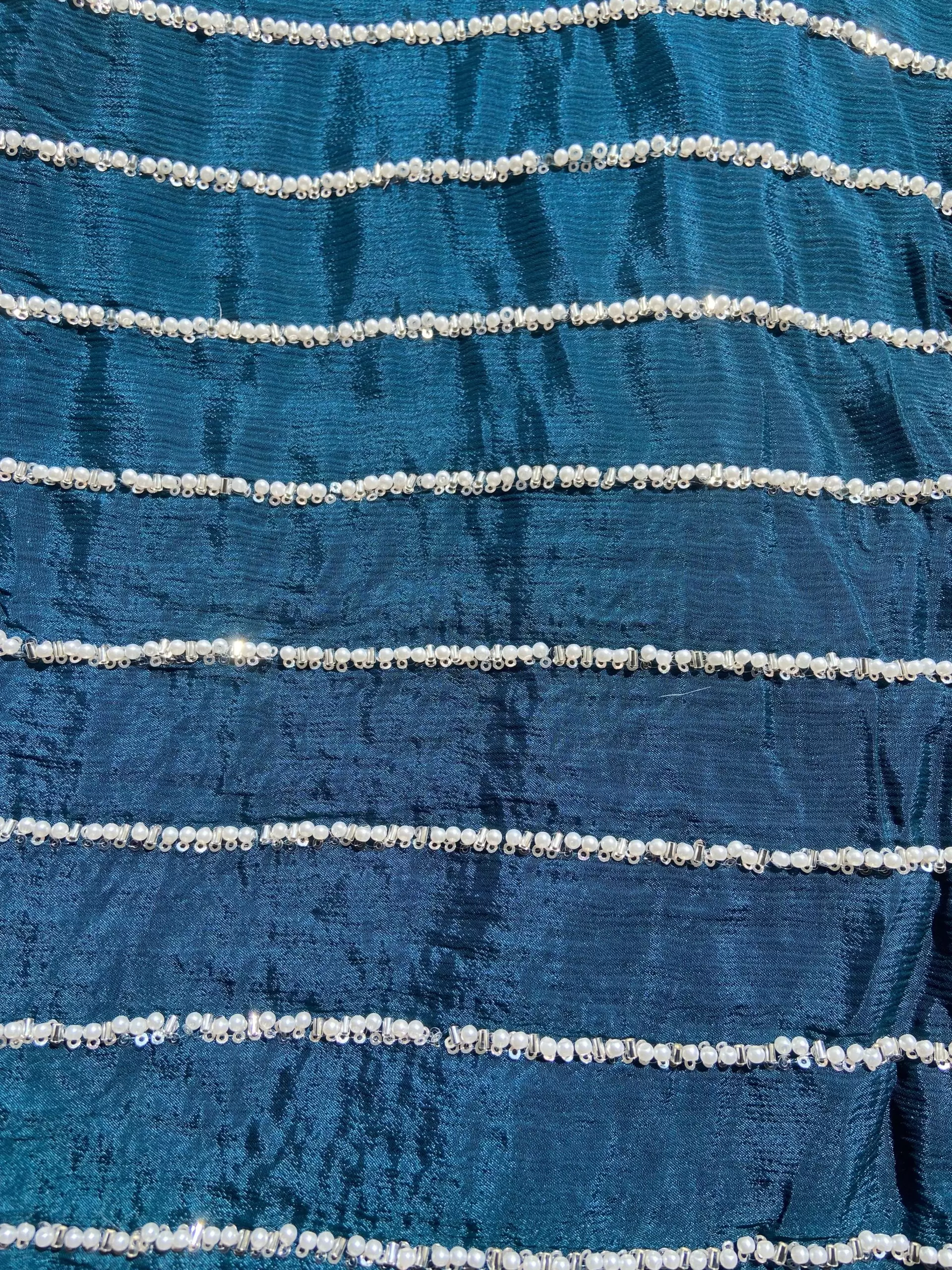 Teal Blue Pure Chinon Fabric with pearl Hand Embroidery and Stripe Pattern”